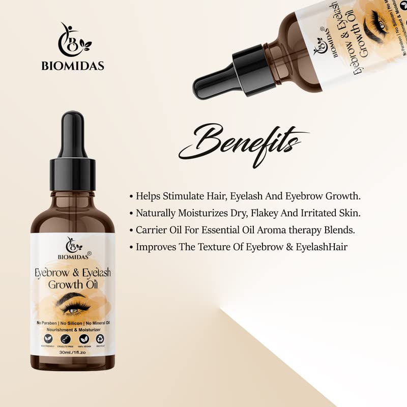 Biomidas 100% Pure Eyebrow & Eyelash Growth Serum - Natural Formula for Longer, Thicker Lashes & Brows | 30ml | Vegan & Cruelty-Free | Perfect for Nighttime Care & Makeup Prep
