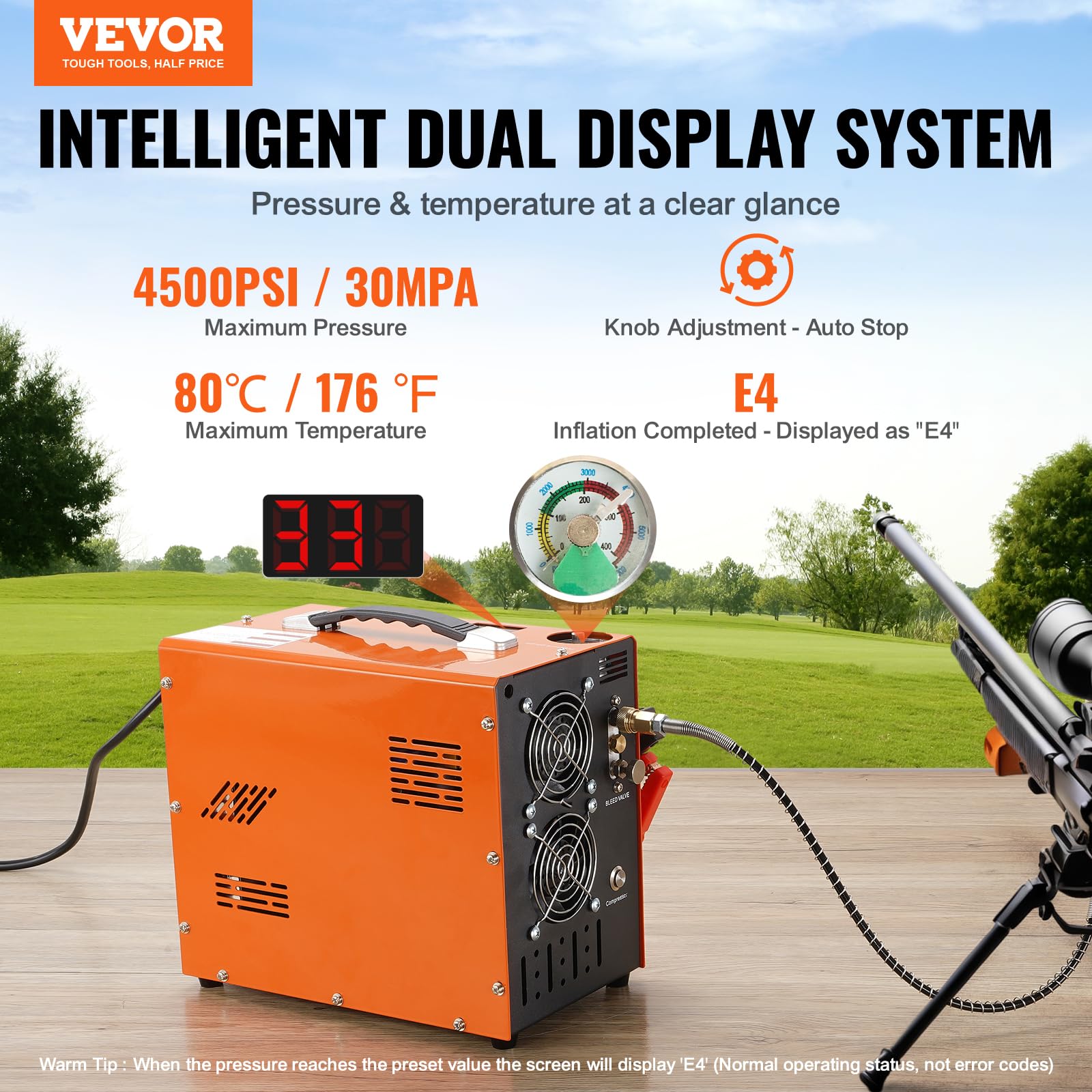 VEVOR 4500PSI PCP Air Compressor - Portable High Pressure Air Pump for PCP Air Rifles, Paintball Guns & Scuba Tanks | Oil-Free 30MPa Compressor with Auto-Stop | 12V DC/120V AC Power (Perfect for Hunting, Sports & Diving Adventures)