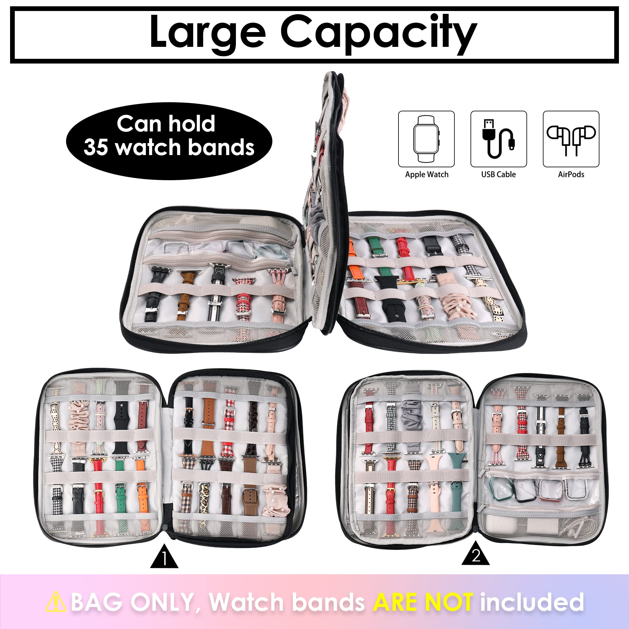 Premium Leather Watch Strap Storage Case - Holds 35 Watch Bands, Organizer for Apple Watch Straps & Smartwatch Accessories | Perfect for Travel, Home Storage & Watch Collection Display