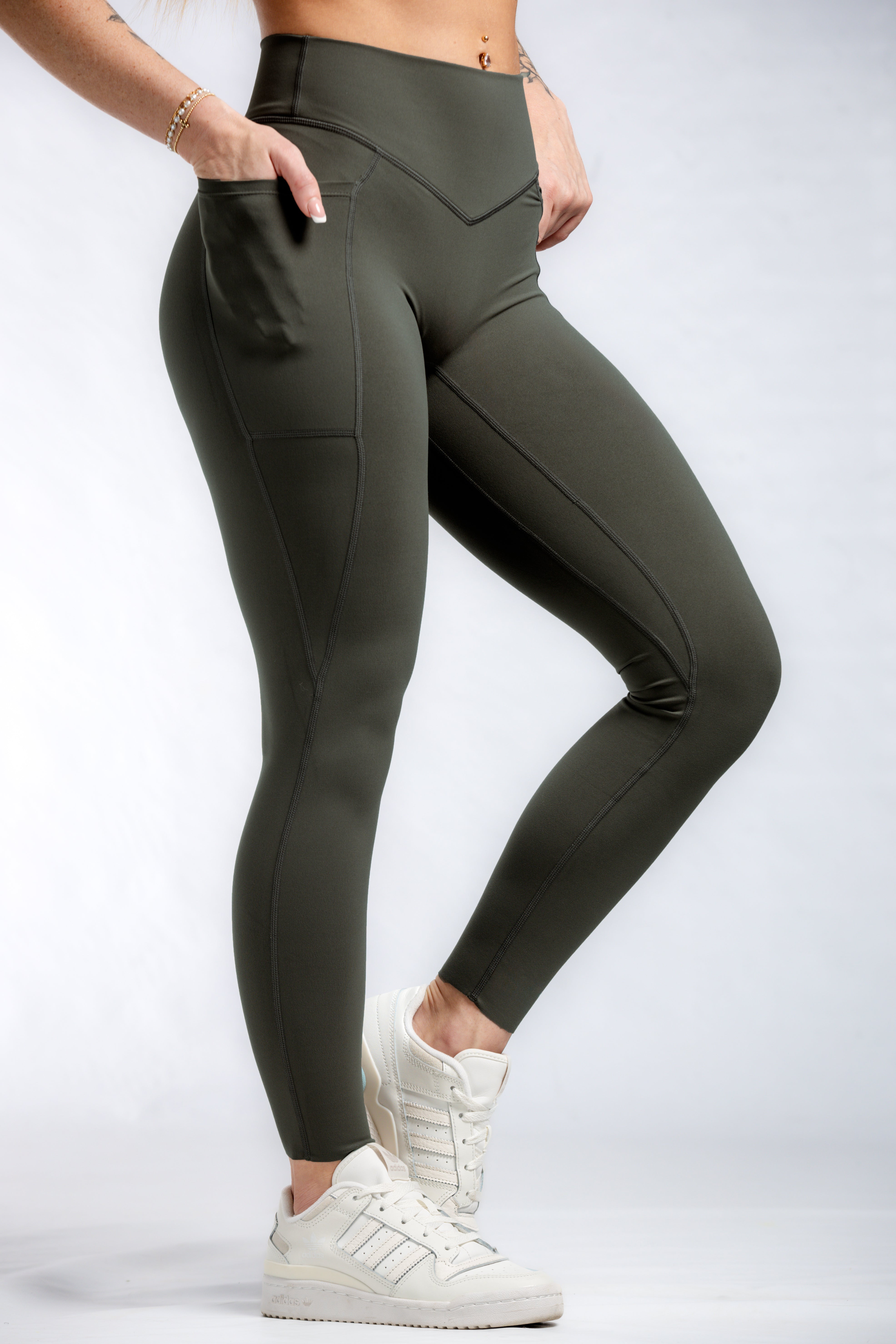 NKD Women's High-Waisted Leggings with Pockets - OD Green Tactical Yoga Pants for Workout, Running & Outdoor Activities