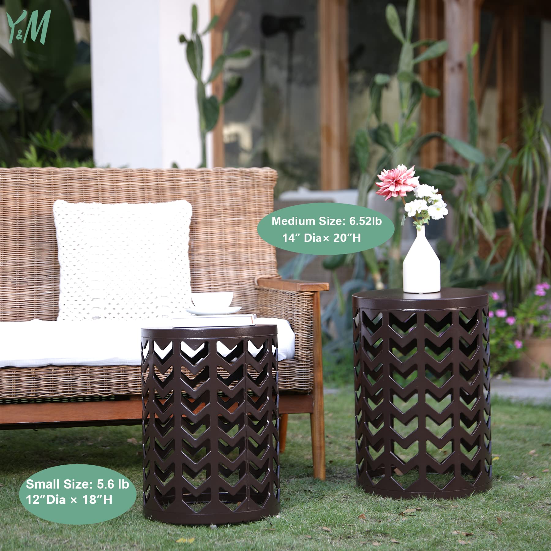 Y&M Set of 3 Round Heavy-Duty Side Tables - End Tables, Coffee Tables for Indoor & Outdoor Use - Decorative Garden Stool, Plant Stand - Pure Brown (US Shipping) - Perfect for Living Room, Patio, and Balcony Decor