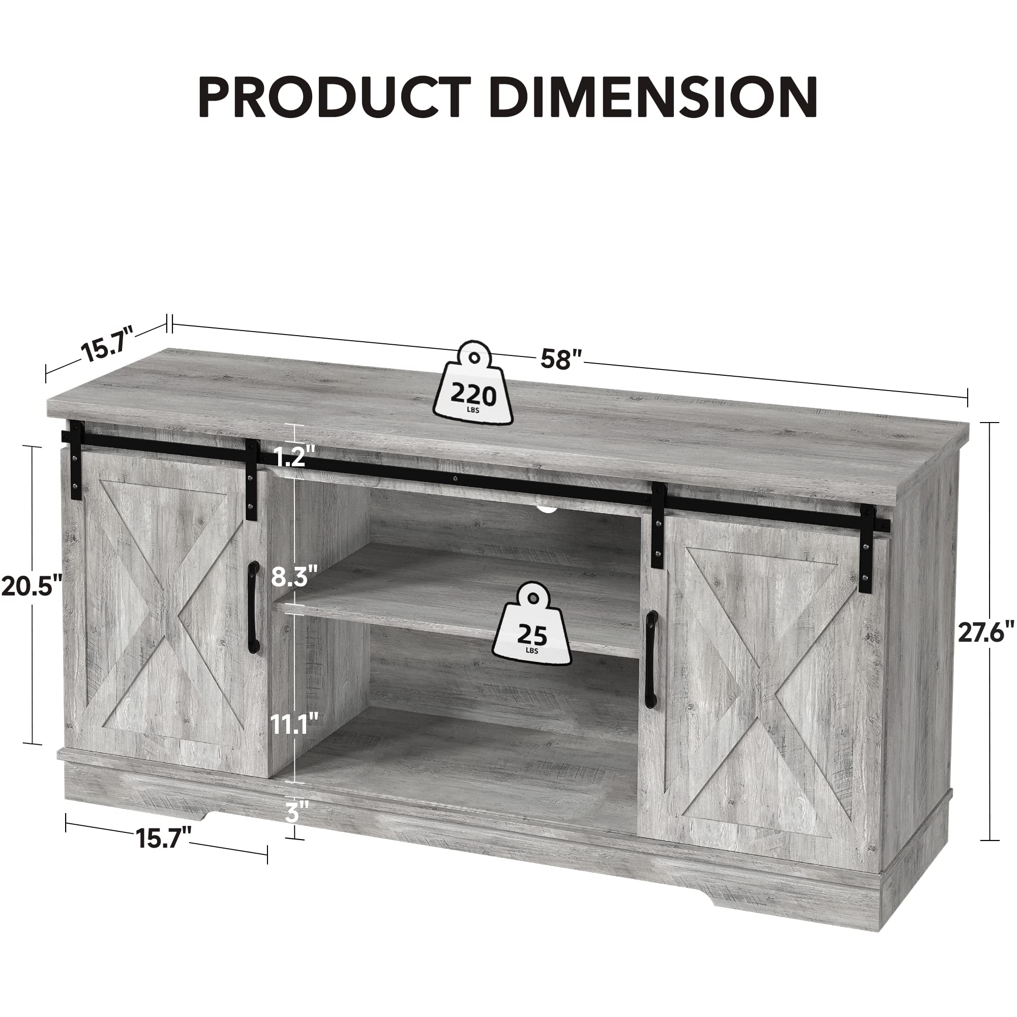 Farmhouse TV Stand for 65 55 Inch TV - Modern Wooden Entertainment Center with Sliding X Barn Door & Storage - 58 Inch Rustic Gray TV Console - Perfect for Living Room, Bedroom & Home Theater Setup
