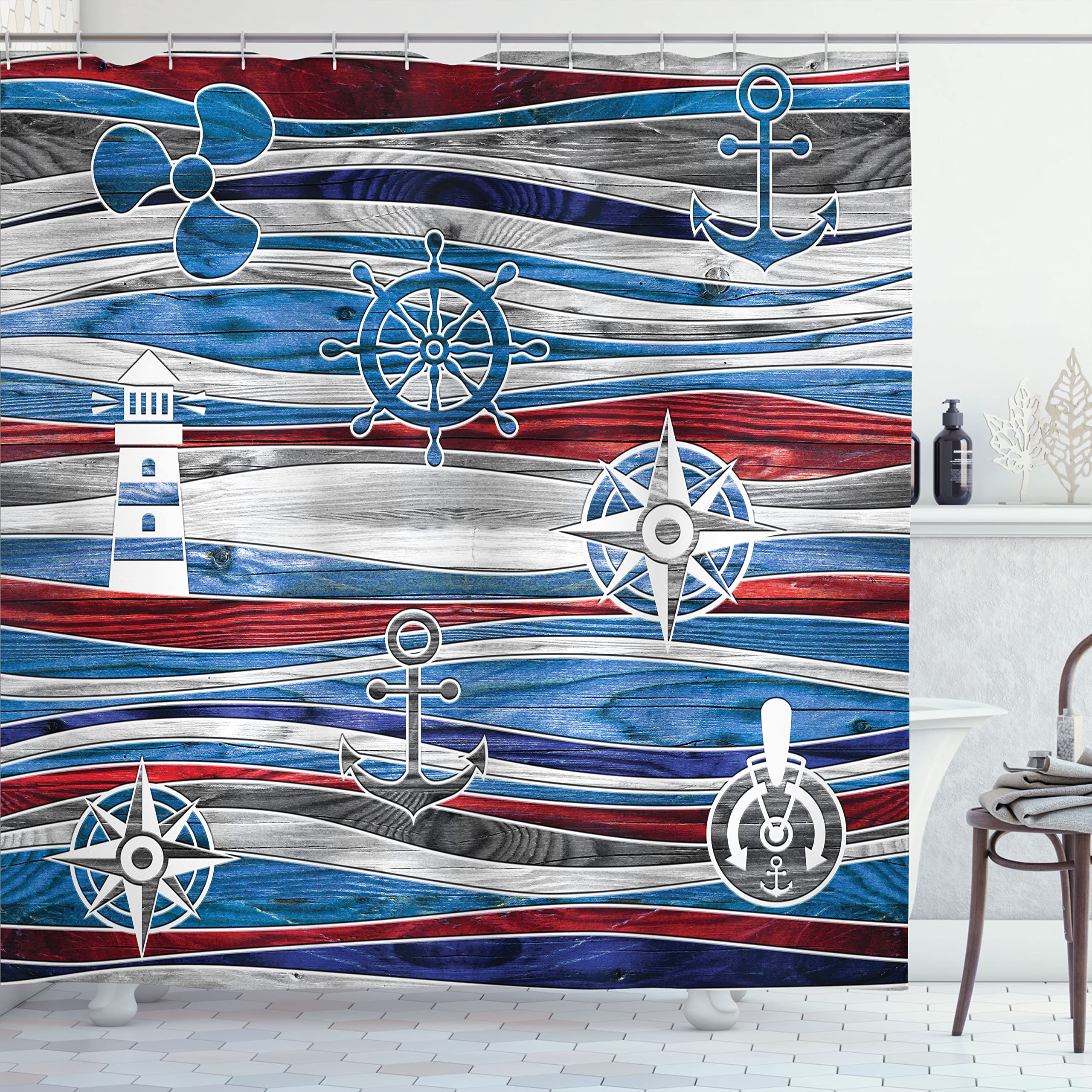 Ambesonne Nautical Anchor Shower Curtain - Boat Anchor Lighthouse & Compass Design on Ocean Waves, 69x75 Inch Waterproof Fabric Bathroom Decor with Hooks (Grey Red) - Perfect for Beach Theme Bathrooms & Coastal Home Decor