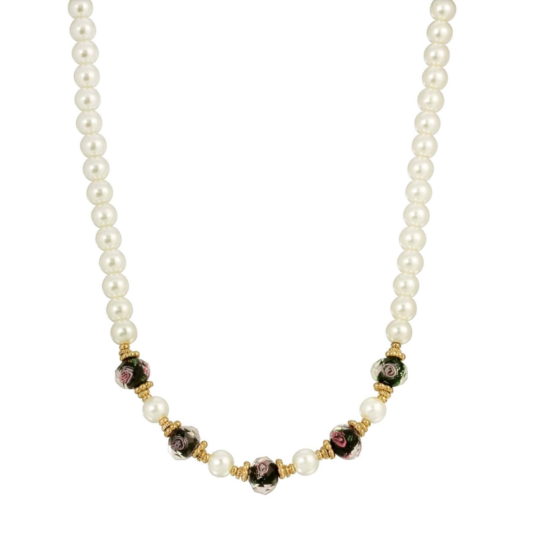 1928 Jewelry 8mm Faux Pearl Necklace with Black Bel Fiore Beads - 15 Inch + 3 Inch Extender - Elegant Pearl Strand for Women's Formal Wear & Special Occasions