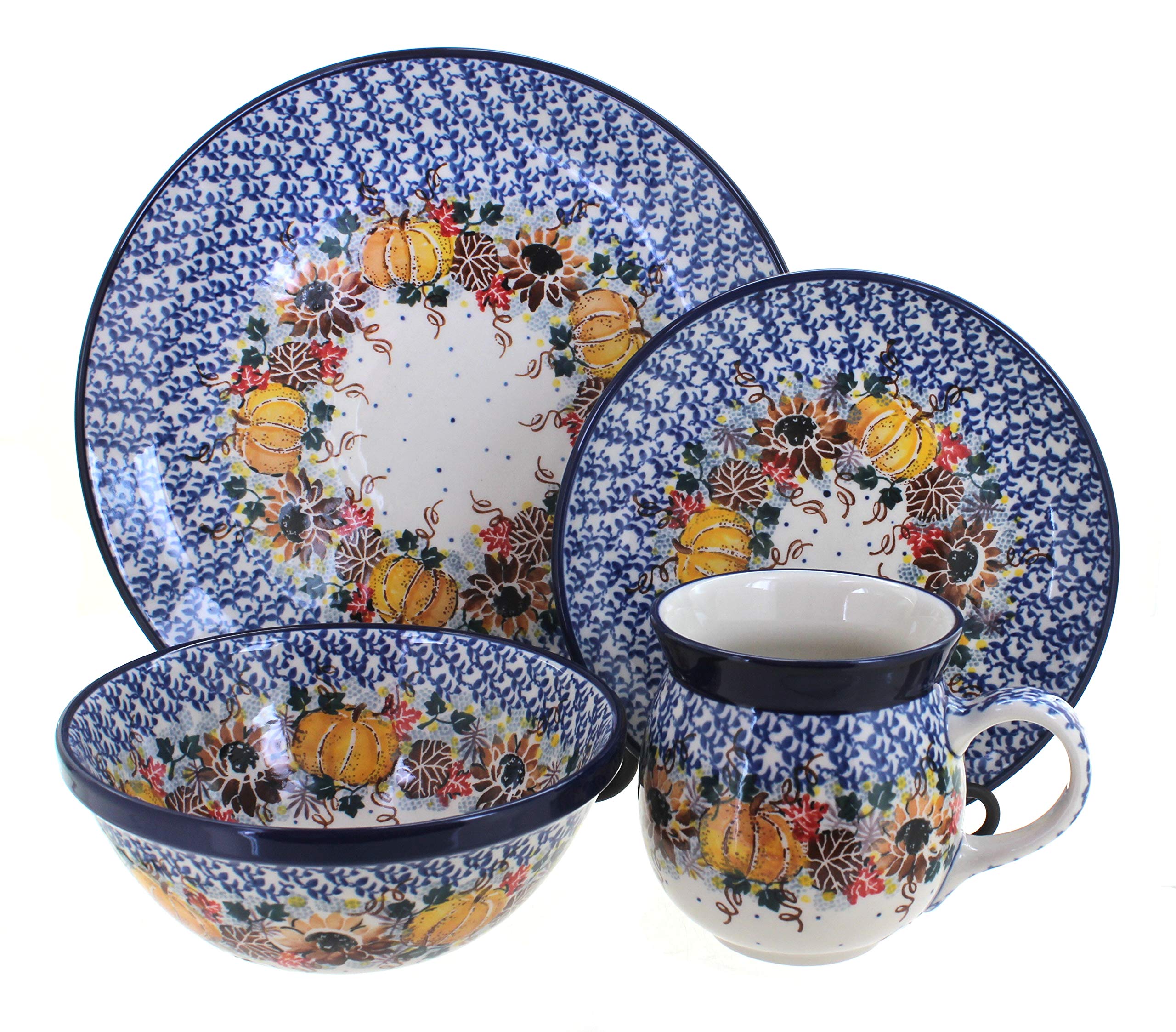 Blue Rose Polish Pottery Harvest Bounty 4-Piece Place Setting - Dinnerware Set for 1 - Perfect for Holiday Dinners, Special Occasions & Elegant Table Decor