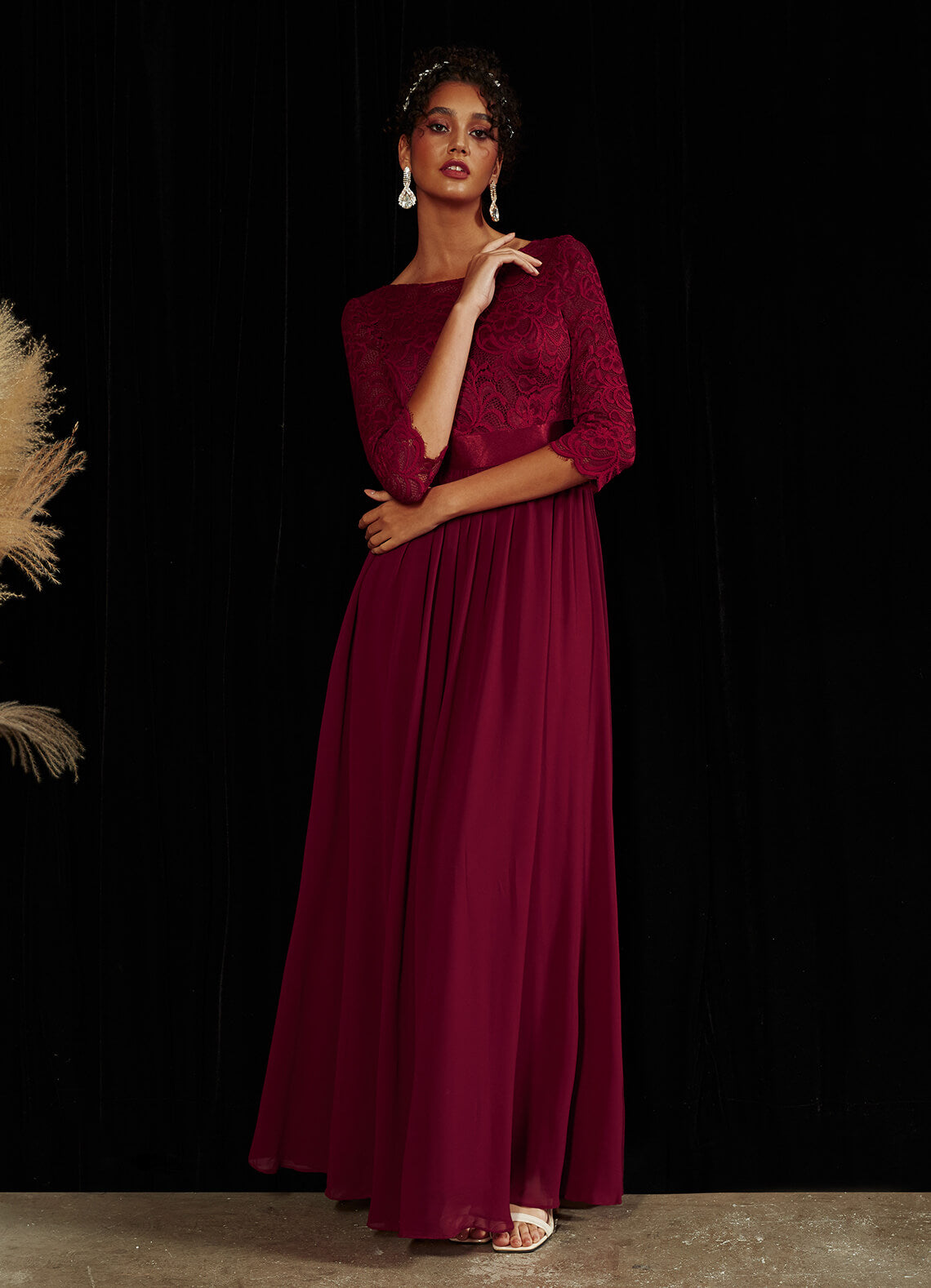 Elegant Burgundy 3/4 Sleeve Boat Neck Floor Length Lace Mother of the Bride Dress - Perfect for Weddings, Formal Events & Special Occasions