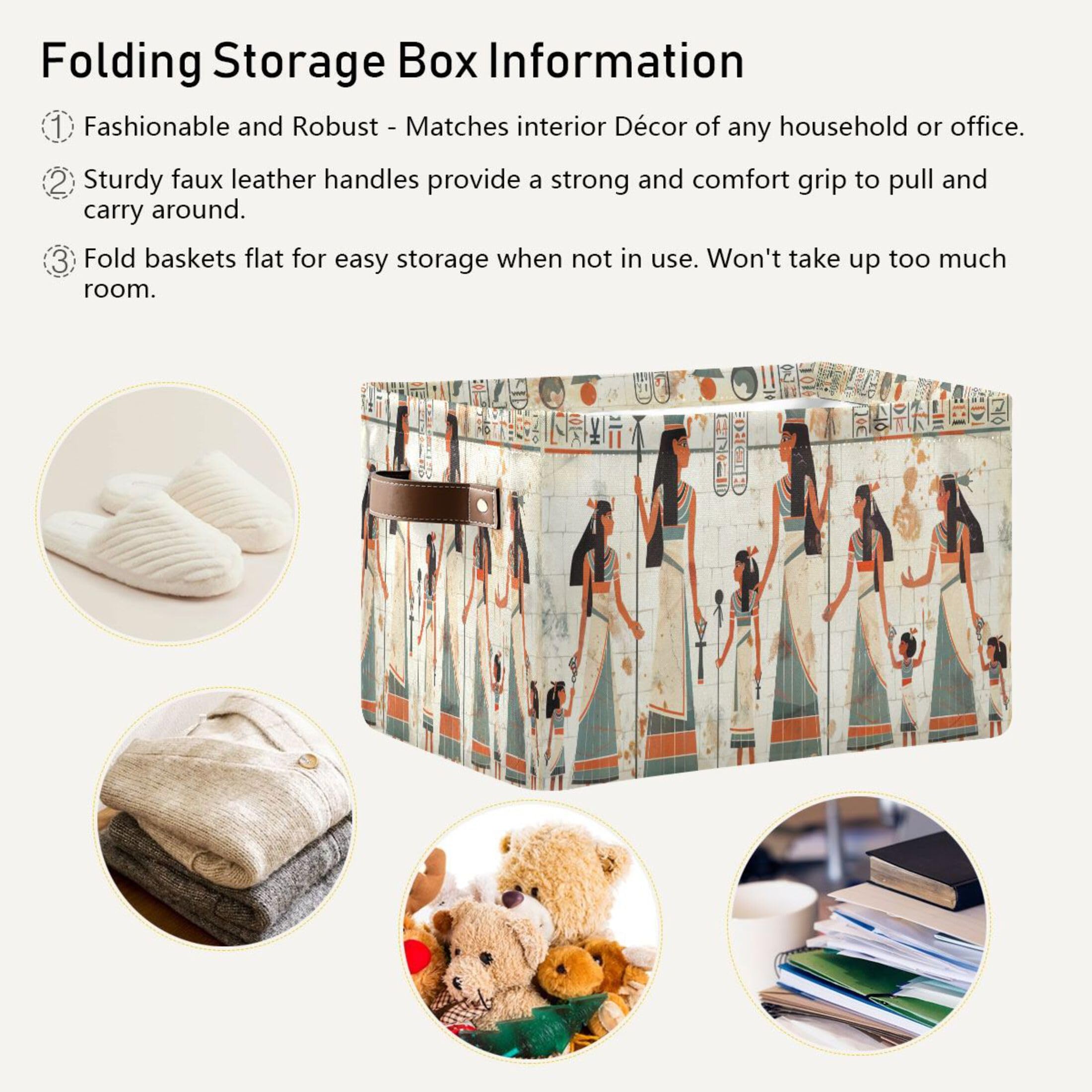 Kigai Collapsible Rectangle Storage Basket Organizer with Leather Handle - Ancient Egyptian Style Woven Bin for Closet, Office, Nursery & Home Decor | Perfect for Organizing Clothes, Toys, Books & Household Items