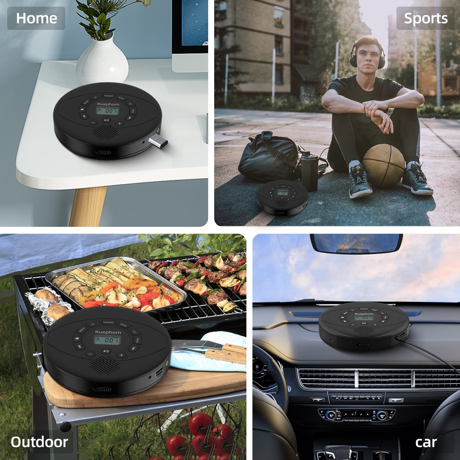 KUEPHOM Portable Bluetooth CD Player with Headphones, Rechargeable Anti-Skip Disc Walkman, Built-in Speakers, USB/AUX Input, Black - Perfect for Car, Home, Travel, and Outdoor Adventures