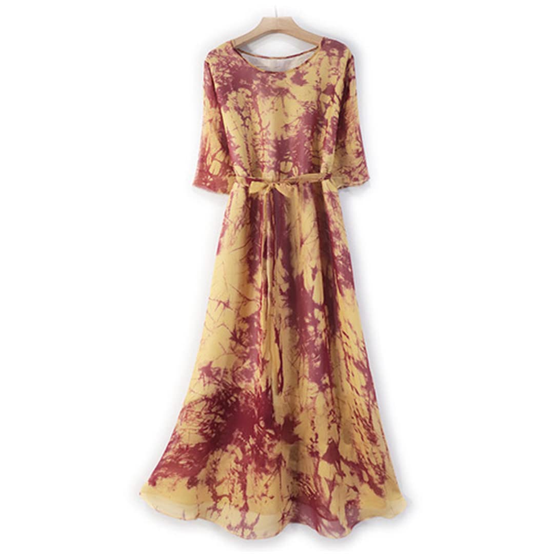 Elegant Women's Large Silk Midi Dress - Double Layer Round Neck Loose Fit Party Dress for Wedding, Cocktail & Evening Occasions