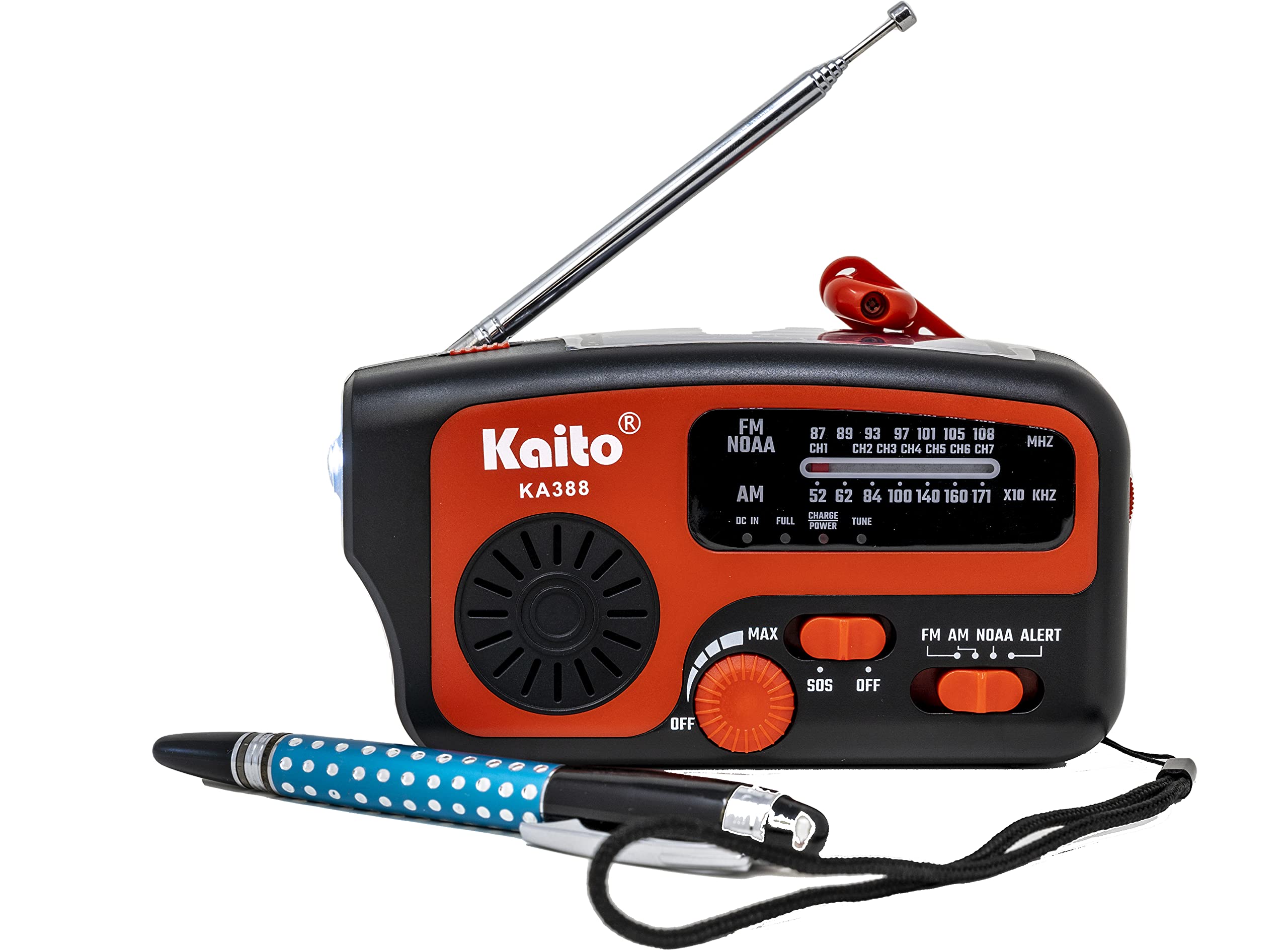 Kaito KA388 Emergency Radio - Solar, Hand Crank, AM/FM NOAA Weather Alert Radio with LED Flashlight & USB Phone Charger | Portable Survival Gear for Camping, Hiking, Power Outages (Red)