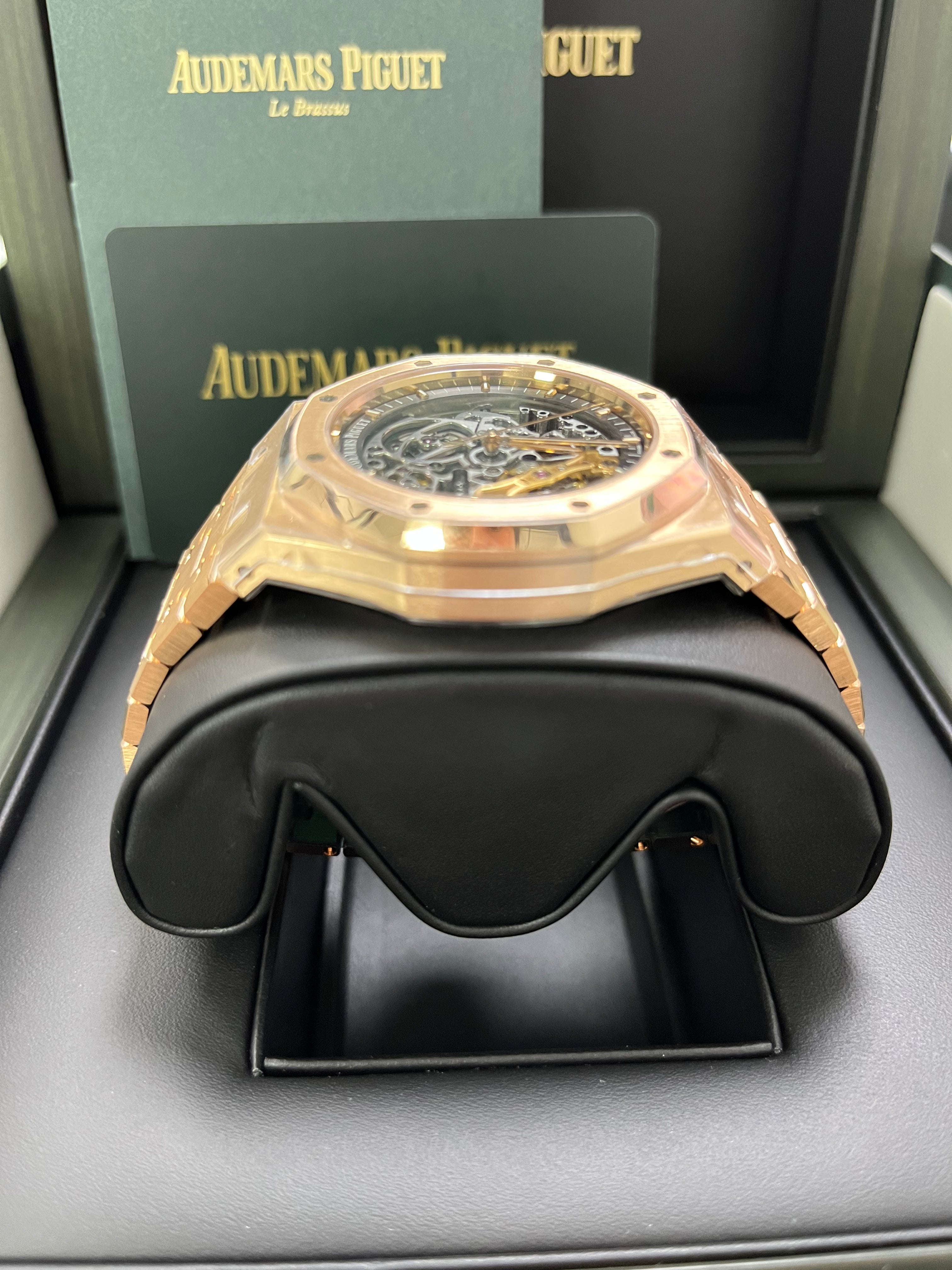 Audemars Piguet Royal Oak 41mm Rose Gold Skeleton Watch with Double Balance Wheel - Ref 15407OR.OO.1220OR.01 - Luxury Openwork Timepiece for Men, Perfect for Business Meetings & Formal Events