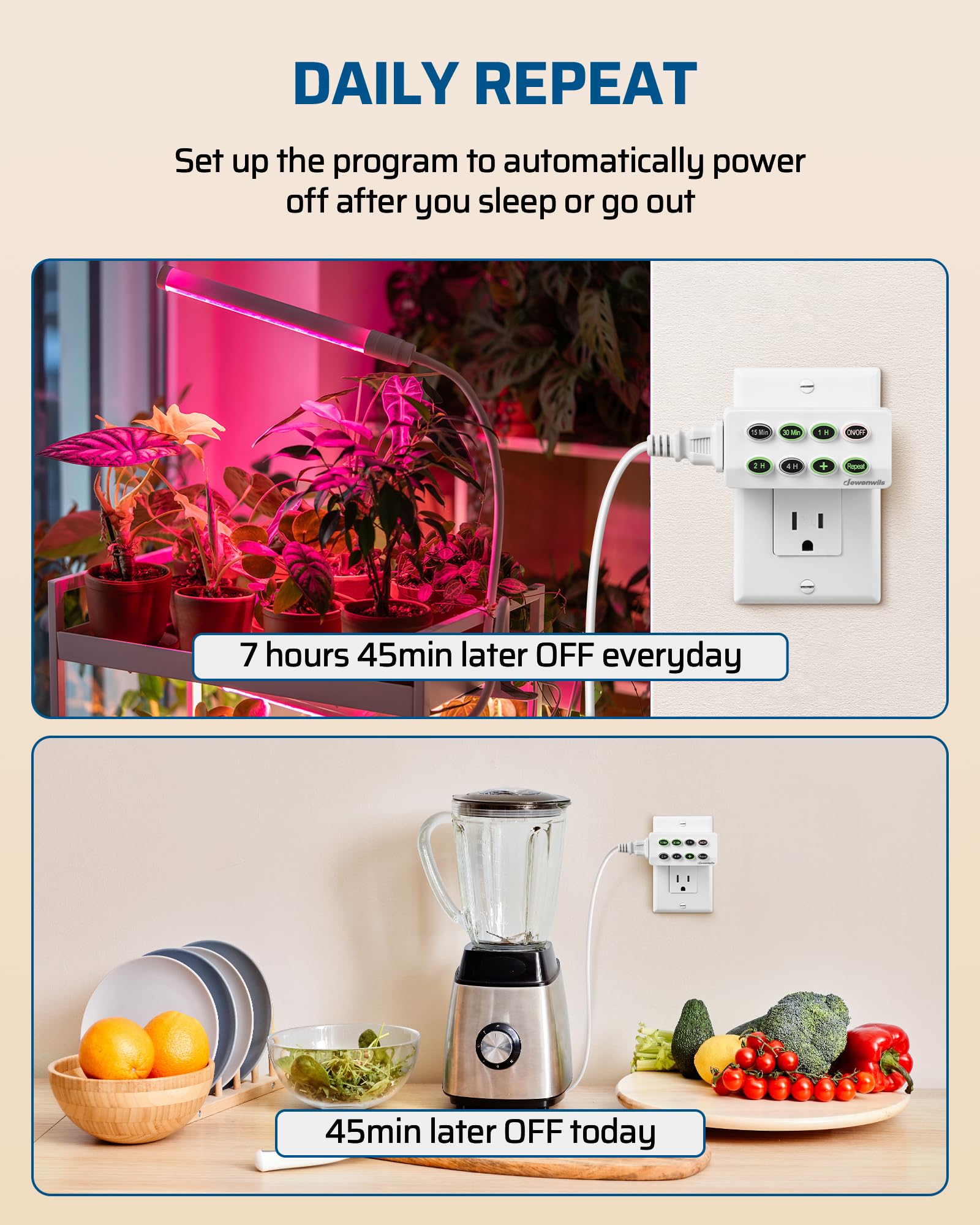 DEWENWILS 2-Pack Countdown Timer with Polarized Outlet - Repeat Function, LED Backlit Buttons, Compact Design for Phone Chargers, Christmas Lights & Hot Irons | UL Listed | Perfect for Home, Office & Travel Use