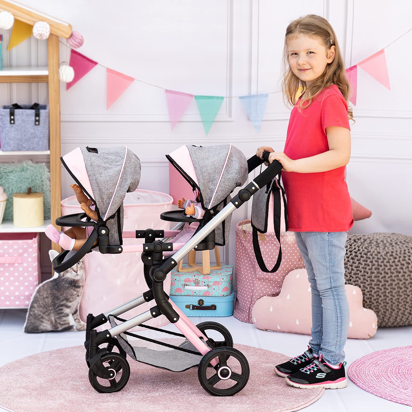 Bayer Twin Doll Stroller Neo - Gray & Pink Butterfly Design, Denim Look - Perfect for Role Play, Pretend Play, and Outdoor Adventures with Kids