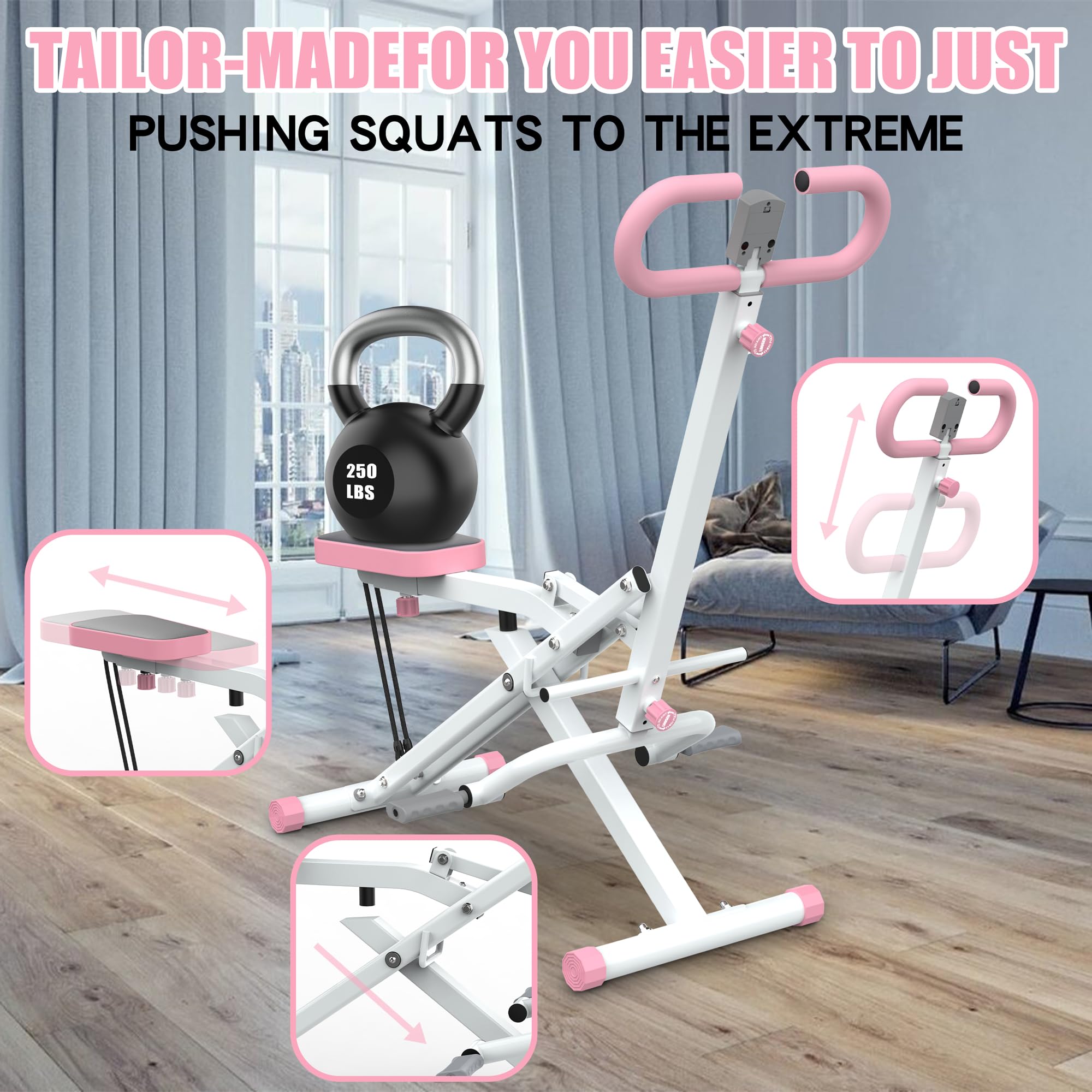 Foldable Adjustable Squat Machine for Home - Squat Ride & Rowing Exercise Equipment with Resistance Bands - Glute & Leg Cardio Workout for Small Spaces - Perfect for Home Gym, Apartment Fitness & Full-Body Training