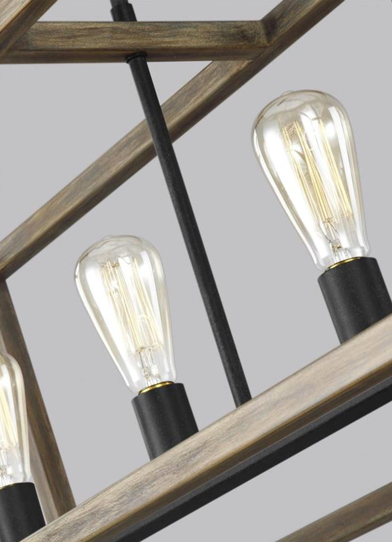 Modern Alder Wood Linear Chandelier - 6-Light Farmhouse Pendant Lighting Fixture for Dining Room, Kitchen Island & Bedroom Ceiling