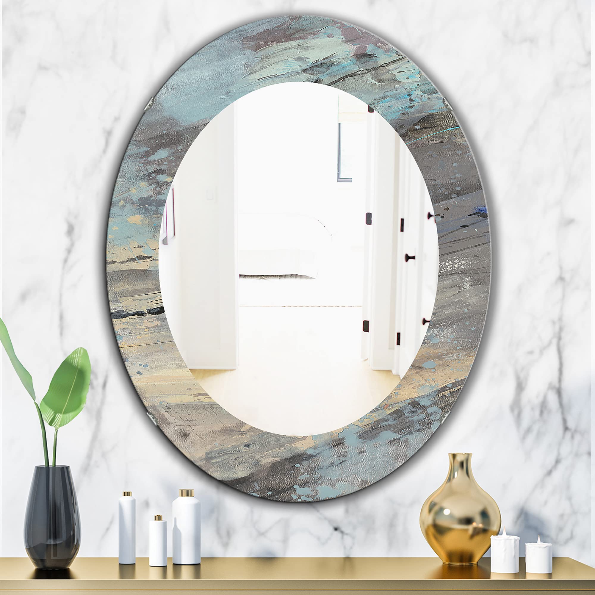 Designart 'Rock Teal Panel I' Modern Framed Wall Mirror - Large 24x32 Inch Oval or Round Decorative Mirror in Blue - Perfect for Living Room, Bedroom & Entryway Décor