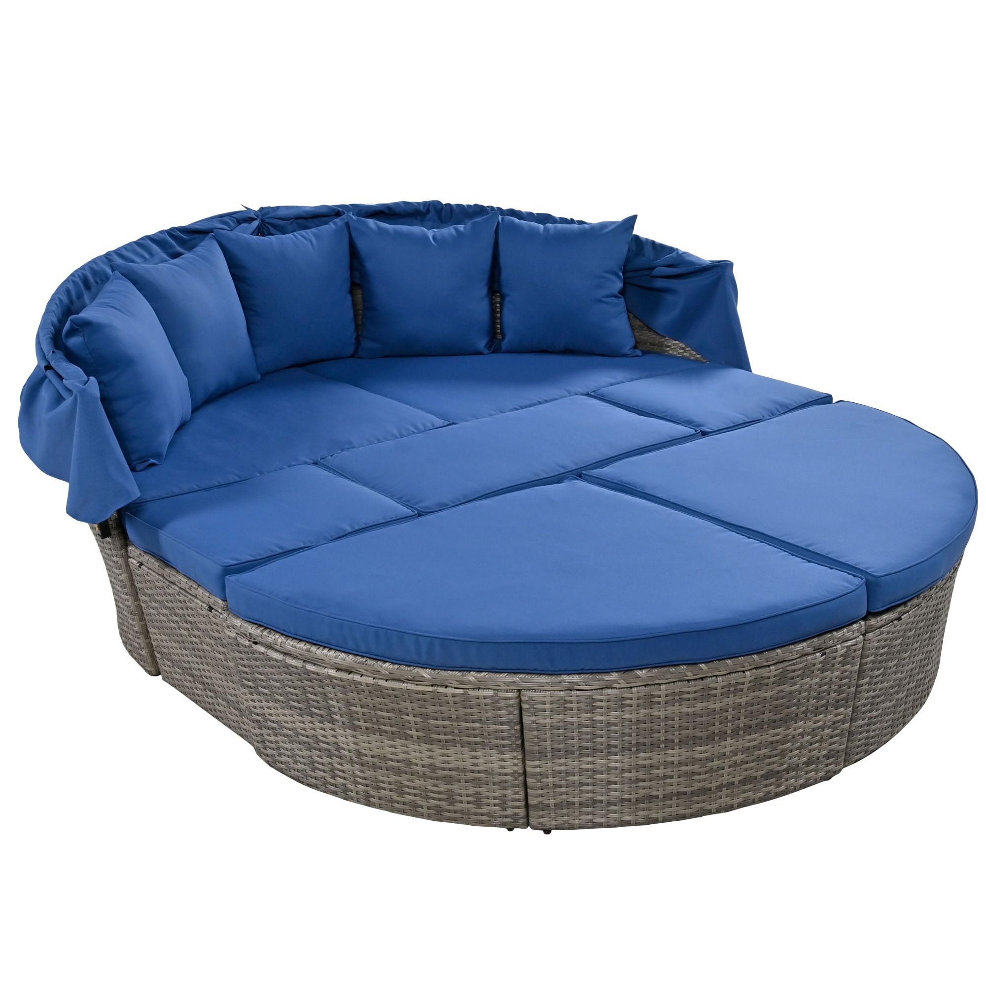 6-Piece All-Weather PE Rattan Patio Furniture Set with Retractable Canopy - Outdoor Round Daybed Sectional Sofa Conversation Set in Blue | Perfect for Backyard, Poolside & Garden Relaxation