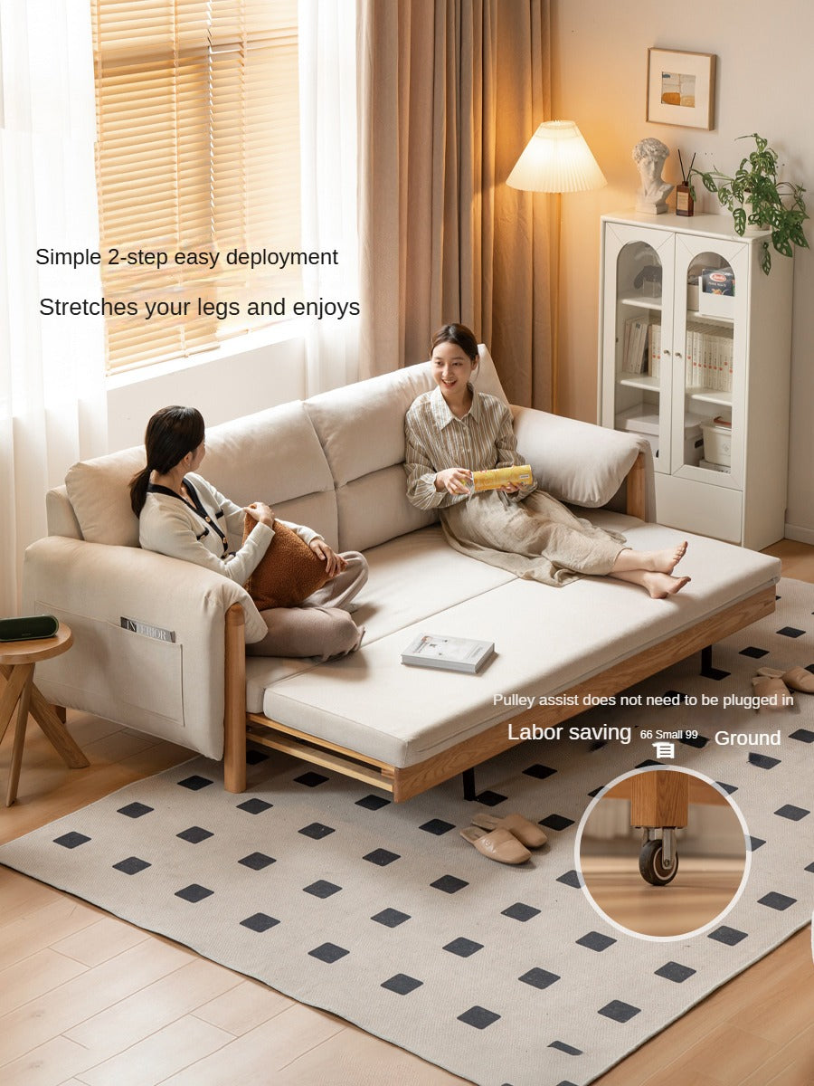 Solid Oak Wood Convertible Sofa Bed - Retractable Design for Sitting & Sleeping | Perfect for Small Spaces, Guest Rooms & Apartments