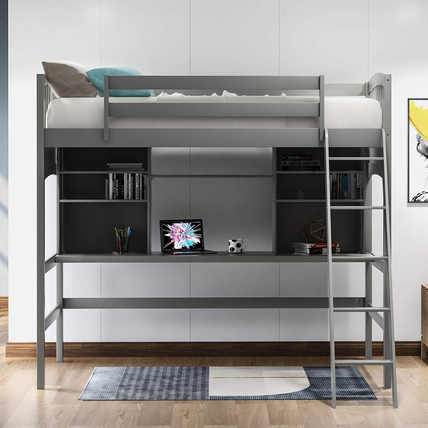 Merax Twin Loft Bed with Desk - Solid Wood Twin Size Loft Bed Frame with Shelves, Study & Storage Space - Perfect for Small Bedrooms, Kids Rooms & Dorm Rooms (Grey)