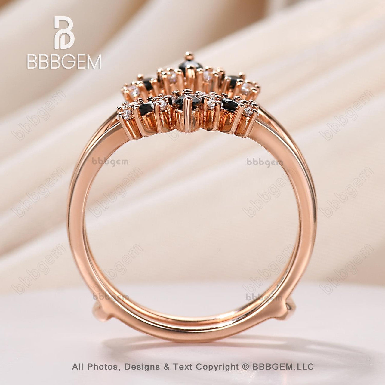 Marquise & Round Cut Black Onyx Diamond Chevron Wedding Band Ring Enhancer - Unique Rose Gold Curved Spinel Moissanite Bridal Jewelry for Engagement, Anniversary & Special Occasions