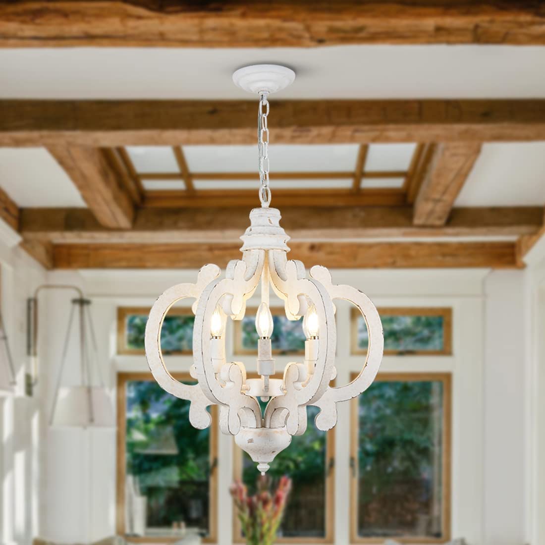 Farmhouse Chandelier 6-Lights Wooden Dining Room Light Fixture - Distressed White Candle Style Chandelier for Kitchen Island, Bedroom, Entryway & Living Room (20.1 Inch) - Perfect Rustic Lighting for Dining Tables, Kitchen Islands & Farmhouse Decor