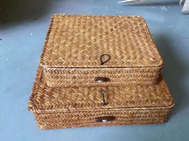 Hipiwe 2-Pack Natural Seagrass Storage Baskets with Lids - Woven Wicker Organizer Bins for Home, Closet & Shelf Storage - Multipurpose Decorative Boxes (Caramel) | Perfect for Bedroom, Bathroom & Living Room Organization