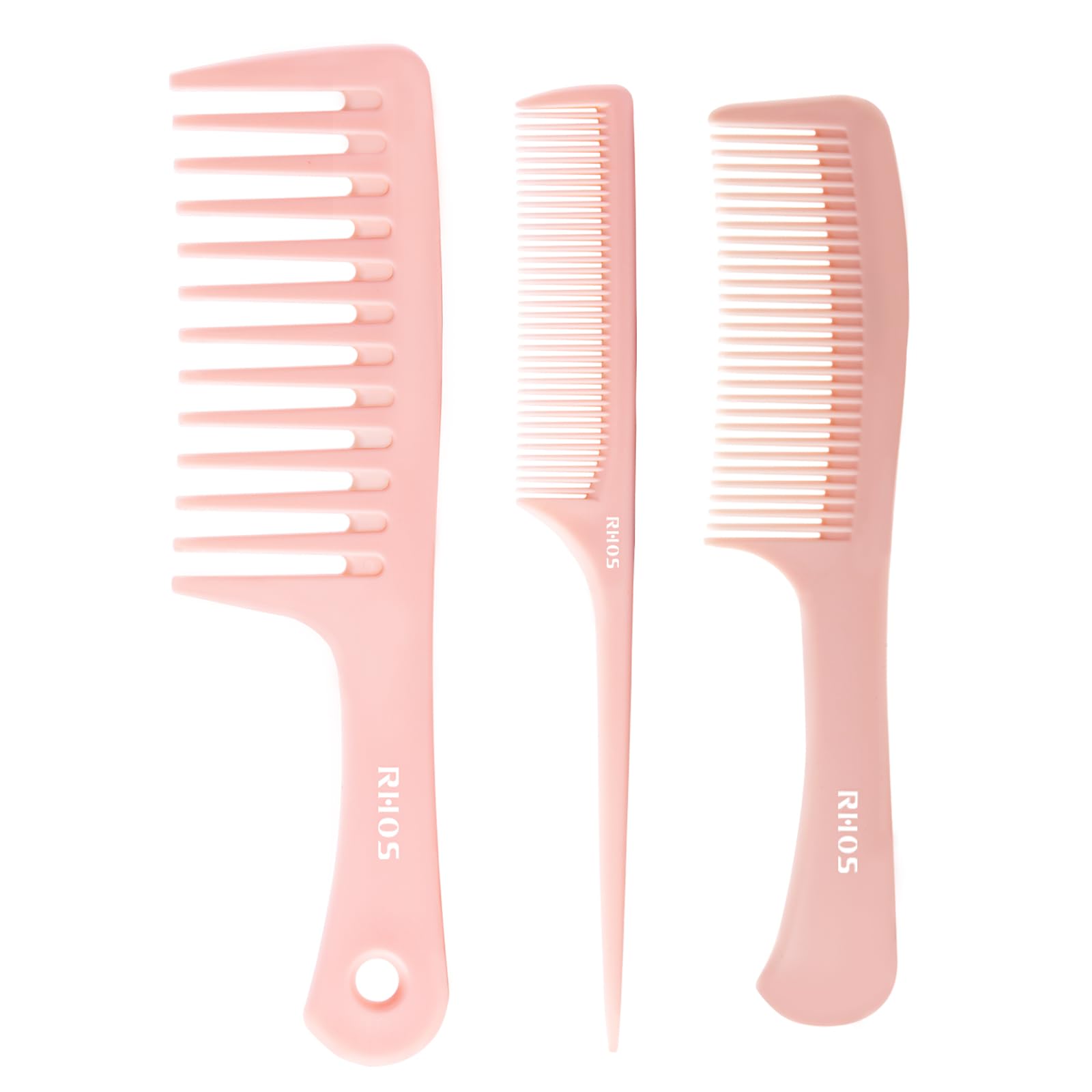RHOS 3-Piece Hair Comb Set for Women & Men - Wide Tooth Comb, Fine Tooth Rat Tail Comb, Medium Tooth Comb - Detangling & Styling Combs for All Hair Types (Pink) - Perfect for Salon, Home Use & Travel