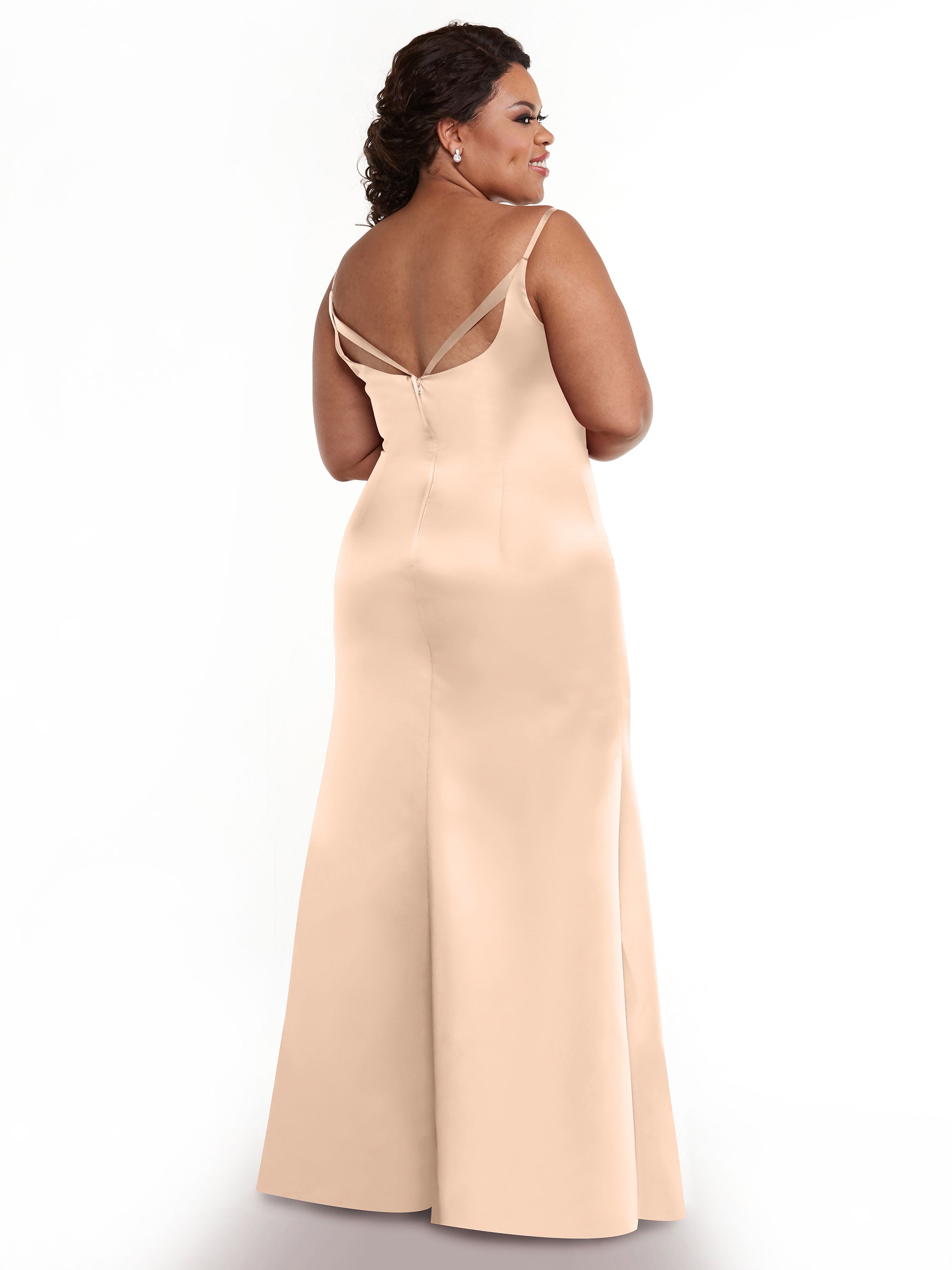 Elegant 80132 Fit and Flare Satin Bridesmaid Dress with Thigh High Slit - Perfect for Weddings, Proms, and Formal Events