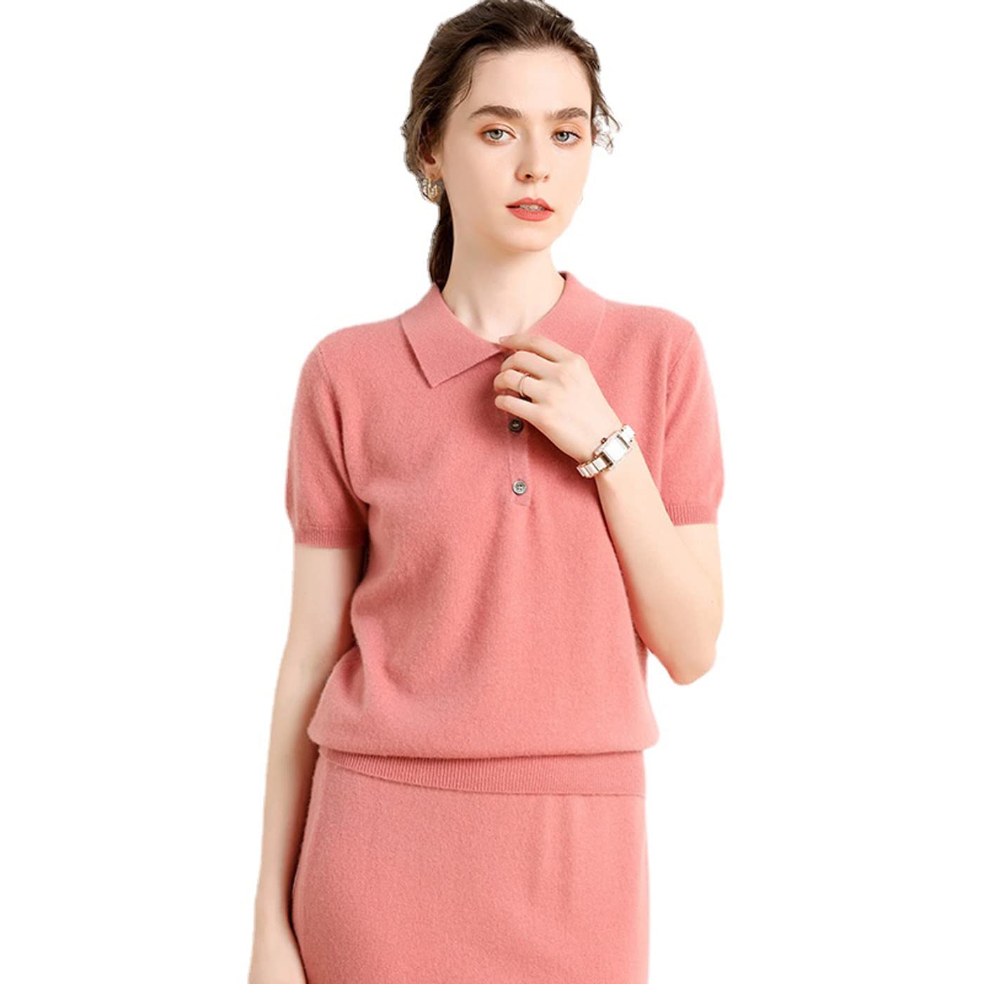 100% Pure Cashmere Women's Short Sleeve Polo Sweater - Soft & Luxurious Essential Pullover (Pink, Medium) | Perfect for Office Wear, Casual Outings & Special Occasions