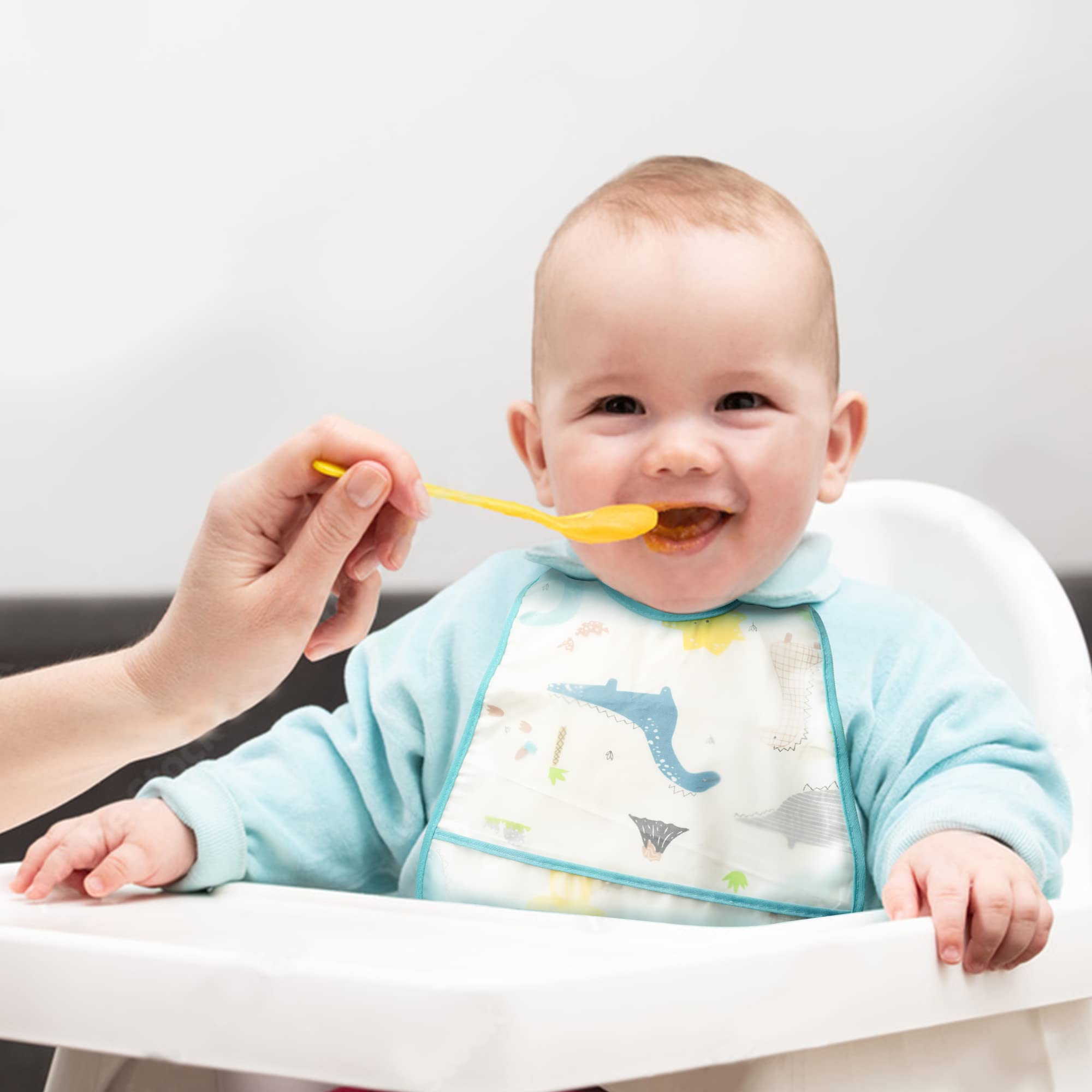 R HORSE 5-Pack Waterproof Baby Bibs with Crumb Catcher Pocket & Snap Buttons - Soft Feeding Bib Set for Infants 6-24 Months - Perfect for Mealtime, Travel & Daycare Use