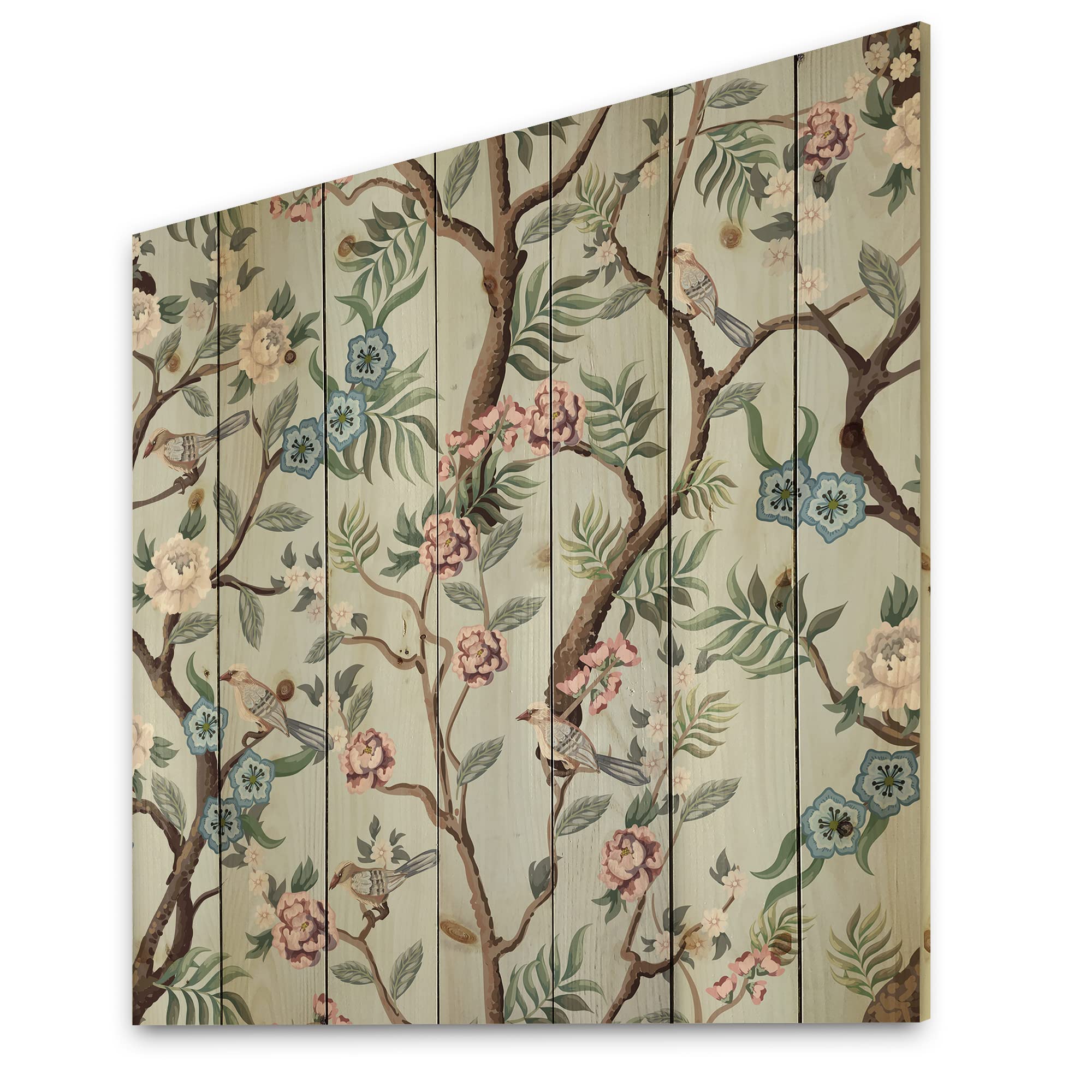 DesignQ Chinoiserie Wall Art with Birds & Peonies - Traditional Grey Wood Wall Decor - Large Animal Print Panels on Natural Pine Wood - Perfect for Living Room, Bedroom & Office Decor