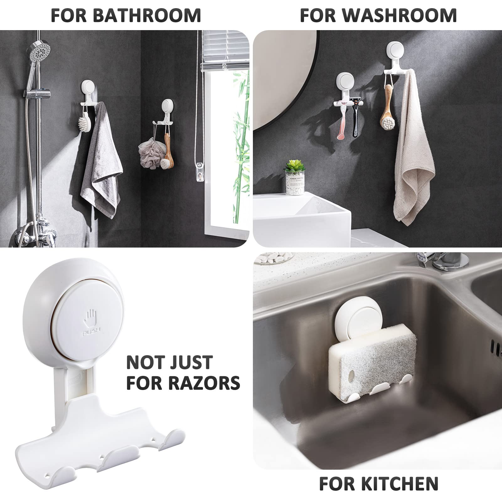 LEVERLOC 2 Pack Razor Holder for Shower - Strong Suction Cup Hooks for Towel, Loofah, Razor & Squeegee - Damage-Free Bathroom Wall Hooks & Shaver Organizer - Easy Install & Reusable White - Perfect for Shower, Bathroom & Kitchen Organization