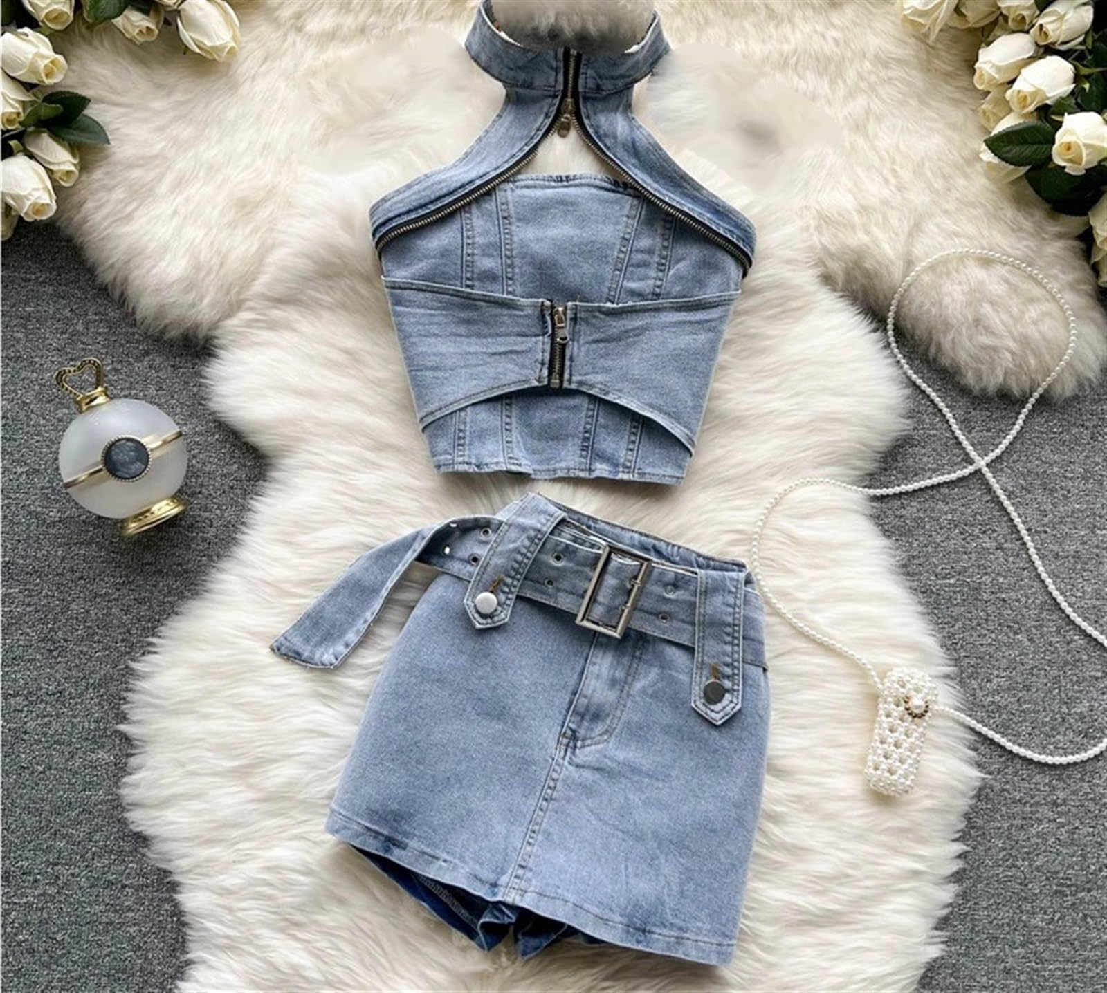 Women's 2-Piece Denim Outfit Set - Summer Backless Halter Top & Mini Skirt Jeans Suit (Blue, Small) | Casual Streetwear, Beach Party, Date Night Outfits