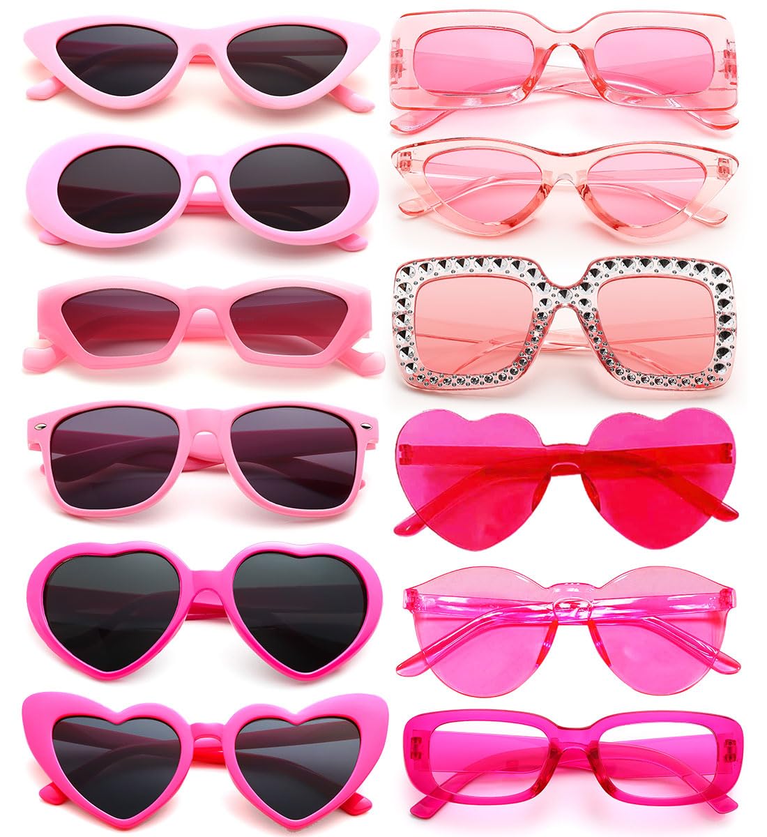 Dwenarry 8/12 Pack Pink Rectangle Sunglasses Bulk - 90s Trendy Heart-Shaped Transparent Sunglasses for Women | Perfect for Parties, Beach Outings, and Summer Fashion Accessories