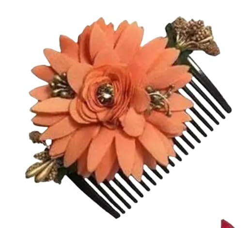Stylish Orange Pink Rose Artificial Flower Bun Comb Pins & Clips - Bridal Hair Accessories for Wedding Hairstyles, Boho Braid Decor & Party Updos