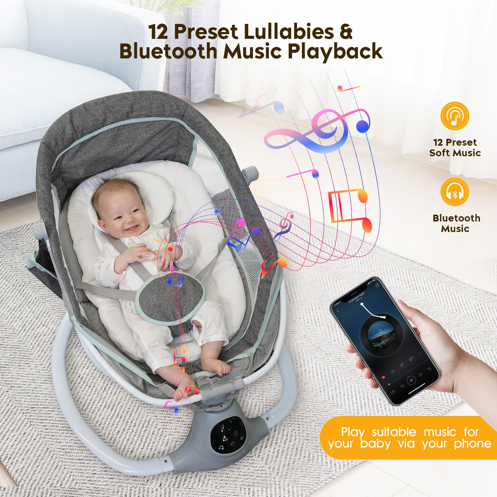 Electric Baby Swing for Infants & Toddlers - Portable Rocker with 5-Point Safety Harness, 5 Speed Settings, Bluetooth Music & 12 Soothing Lullabies - Remote Control Infant Swing for Boys & Girls (Grey) - Perfect for Nursery, Bedtime & Soothing Fussy Babies