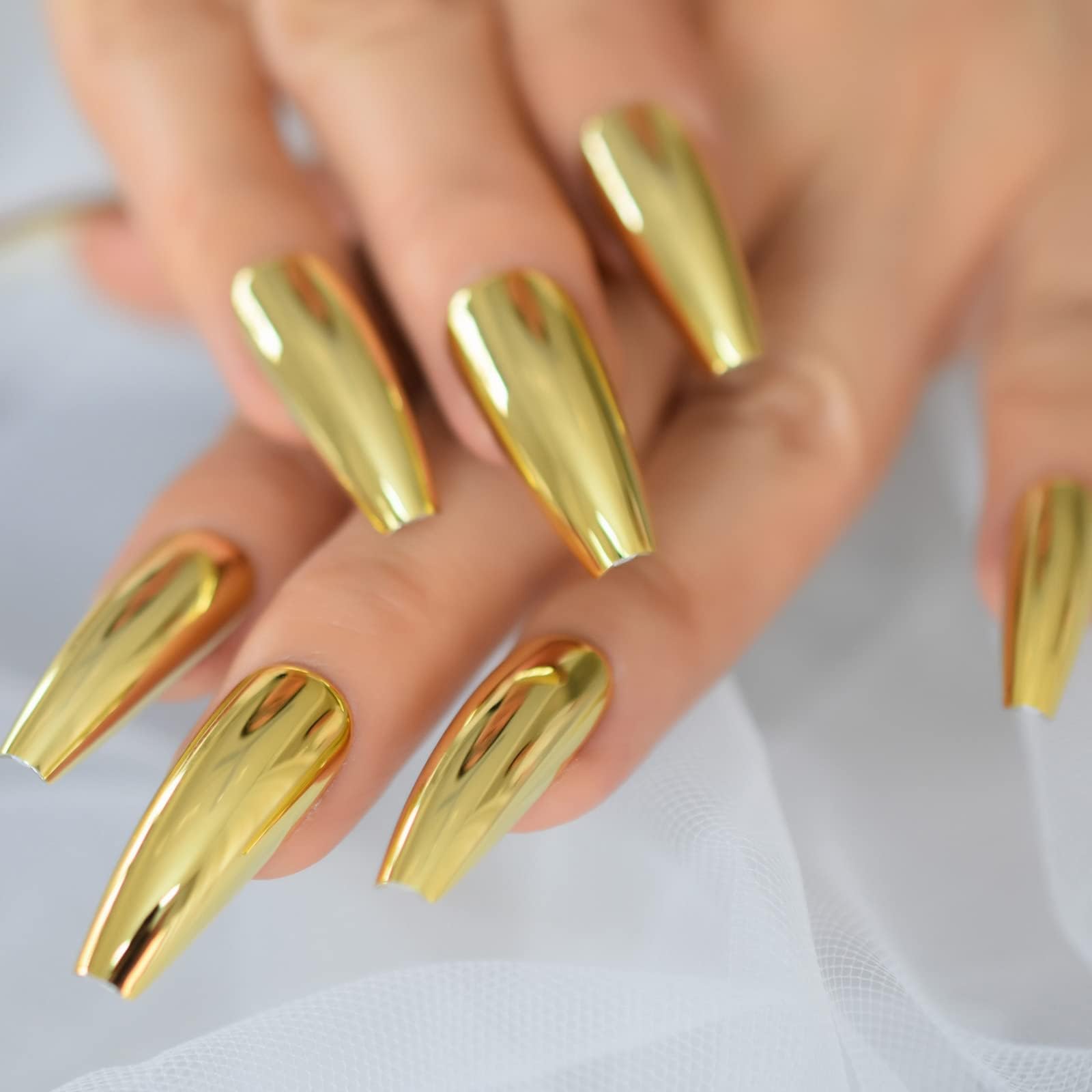 24pcs Extra Long Gold Yellow Chrome Reflective Press On Nails - Metal Coffin Fake Nails with Mirror Finish for Punk Rock Style, Full Cover Acrylic Nails for Halloween, Cosplay, and Gothic Fashion