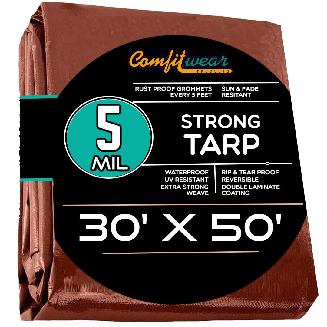 Heavy-Duty Waterproof 30' x 50' Brown Poly Tarpaulin with Reinforced Grommets - UV Resistant Multi-Purpose Tarp for Pool Cover, Boat, Camping, Canopy & Outdoor Protection - All-Weather Shelter Solution