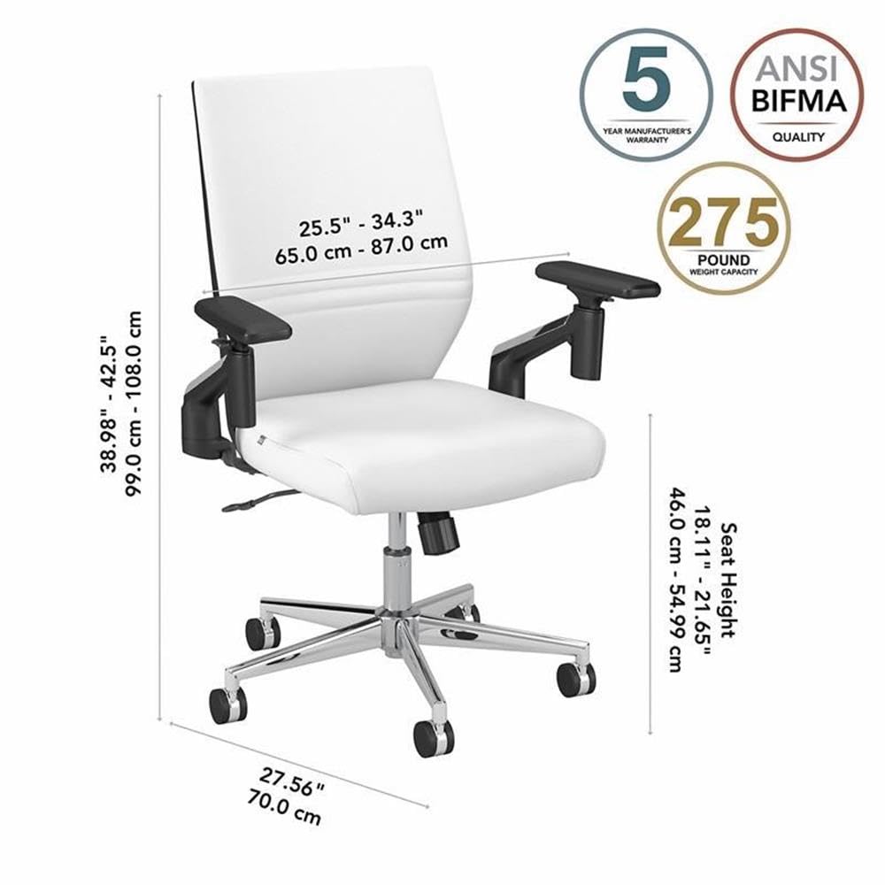 Bush Business Furniture Echo Mid Back Leather Office Chair - Ergonomic Executive Desk Chair with Lumbar Support, White - Perfect for Home Office, Conference Room & Workspace