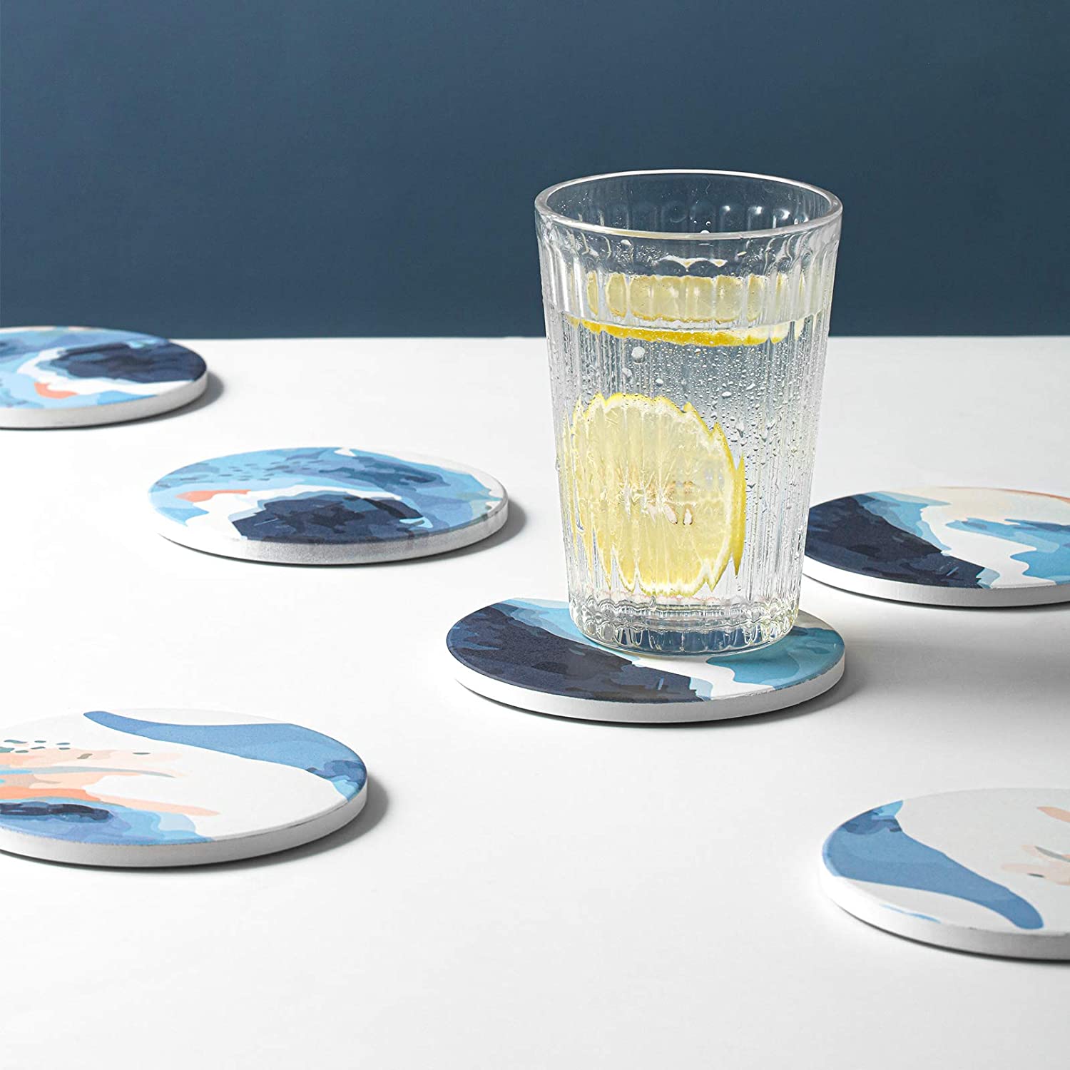 6-Pack Non-Slip Coasters with Wooden Holder - Absorbent Drink Coasters for Coffee Tables, Dining Tables & Home Decor