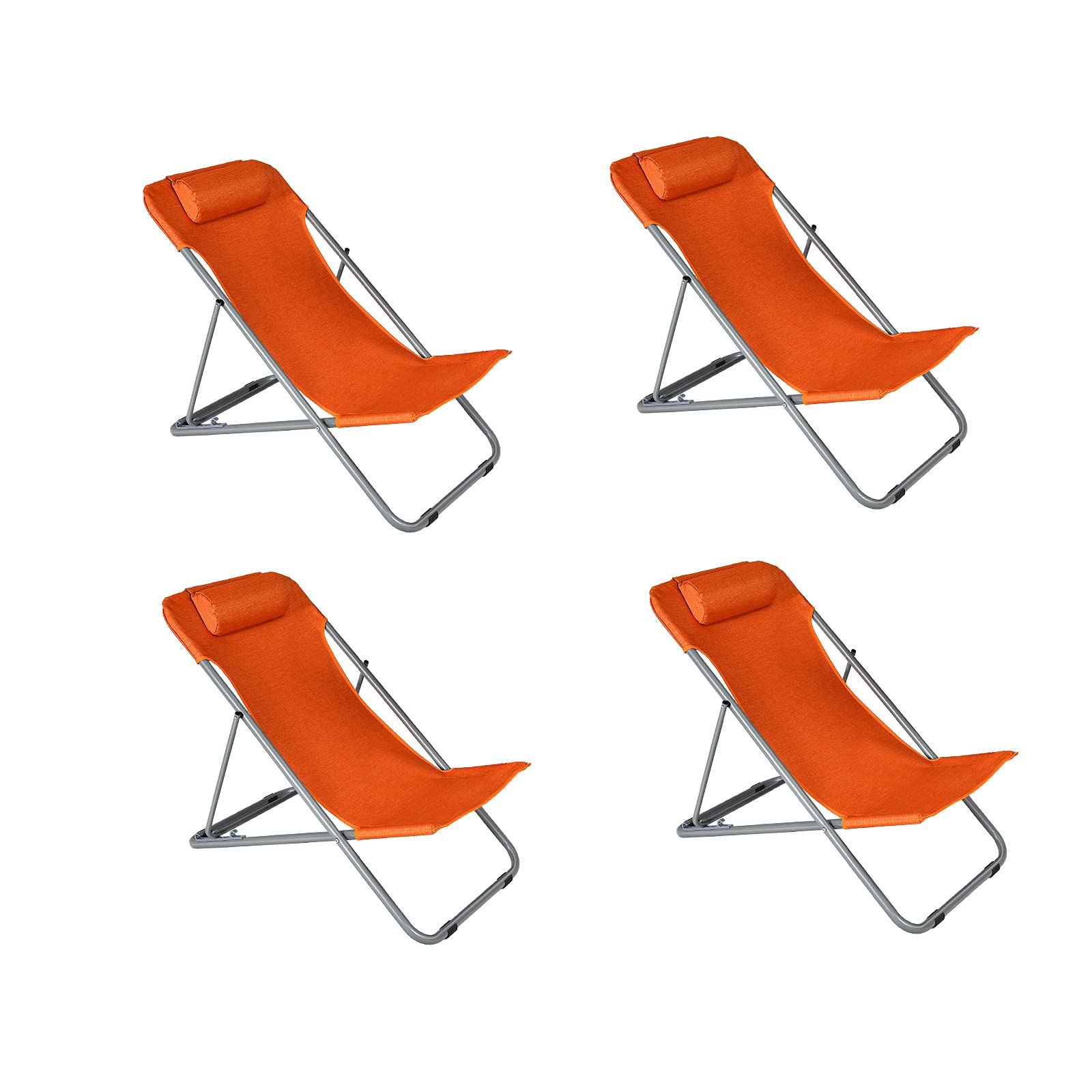 GYMAX 2-Pack Adjustable Beach Chairs for Adults - Portable Folding Lounge Chairs with 3-Level Reclining Backrest & Removable Pillow - Perfect for Beach, Camping, Poolside, Fishing, Backyard & Outdoor Relaxation (Orange)