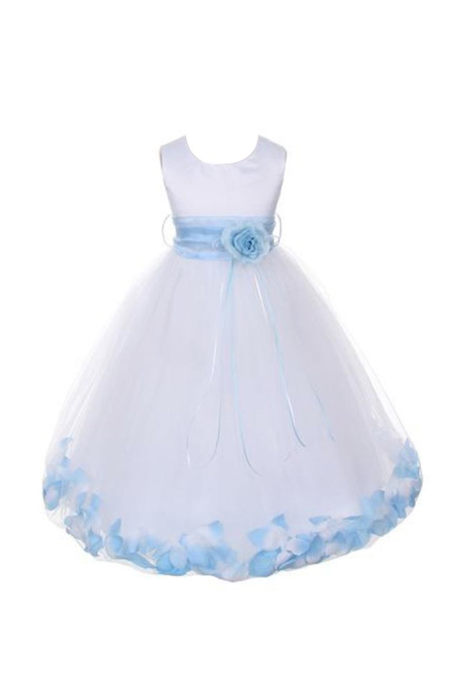 Satin Communion Flower Girl Dress - Elegant White & Baby Blue Pageant Gown with Petal Details for Weddings, Baptisms & Special Occasions