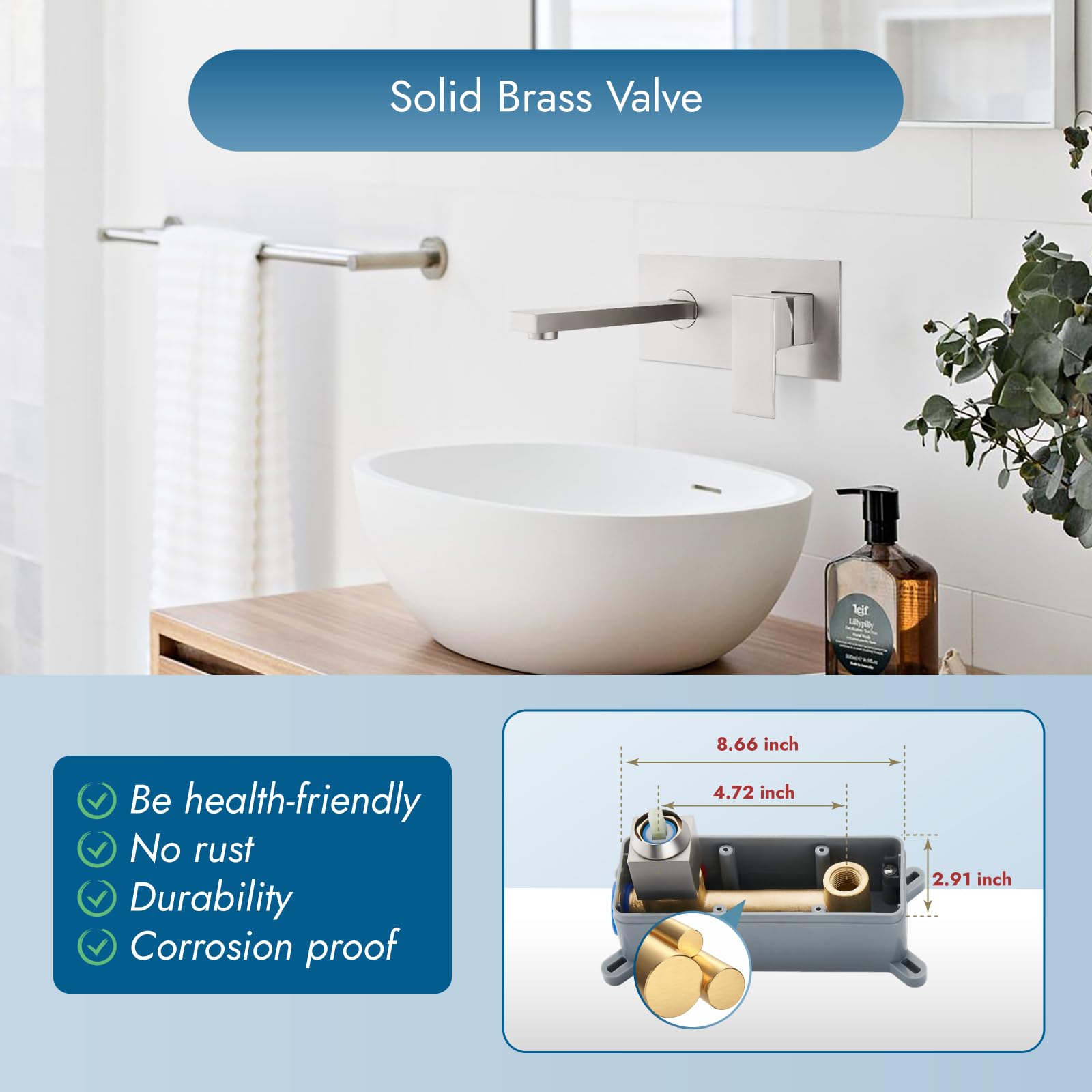 Wall Mount Bathroom Sink Faucet - Single Handle Brushed Nickel Lavatory Vanity Basin Mixer Tap with Rough-in Valve | Perfect for Modern Bathrooms, Powder Rooms & Small Spaces
