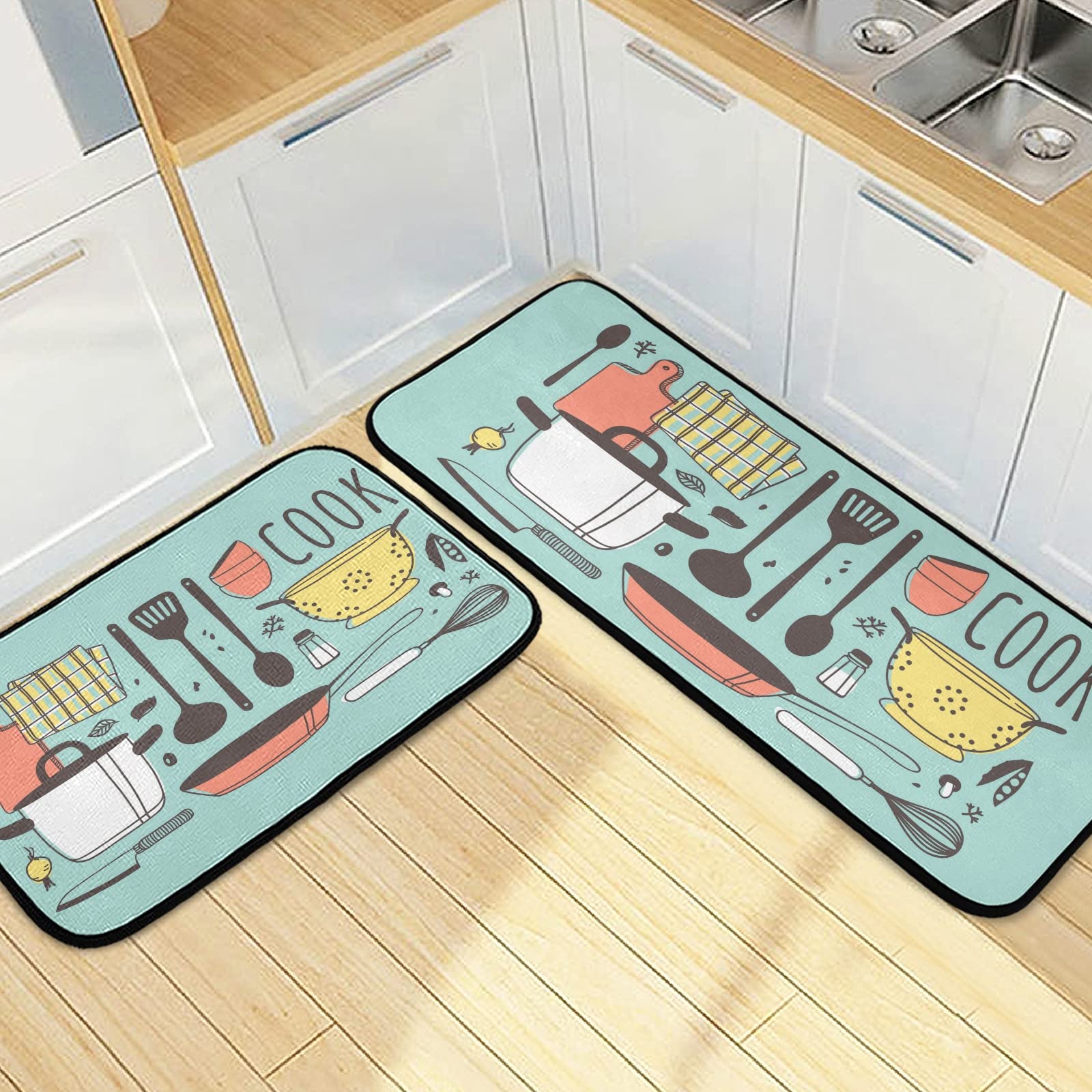 SUABO Non-Slip Kitchen Mat Set of 2 - Anti-Fatigue Floor Mats for Cooking, Standing Comfort in Kitchen & Bathroom - Waterproof, Cushioned Rugs for Sink, Stove & Work Areas