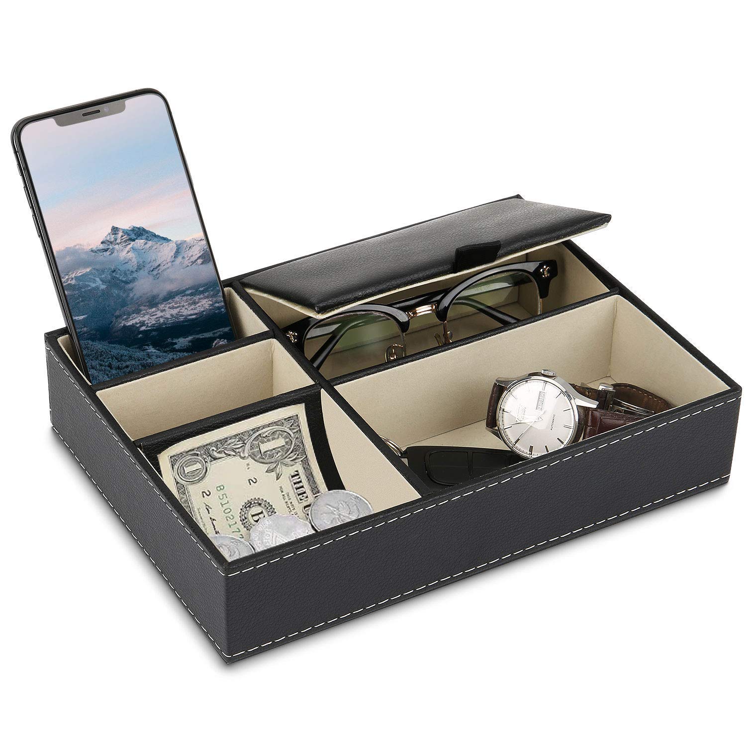 Premium Leather Valet Tray Organizer - 5 Compartment Dresser Top Box for Jewelry, Watches & EDC Essentials - Perfect Nightstand Organizer for Men & Women - Ideal for Bedroom, Bathroom & Travel Use