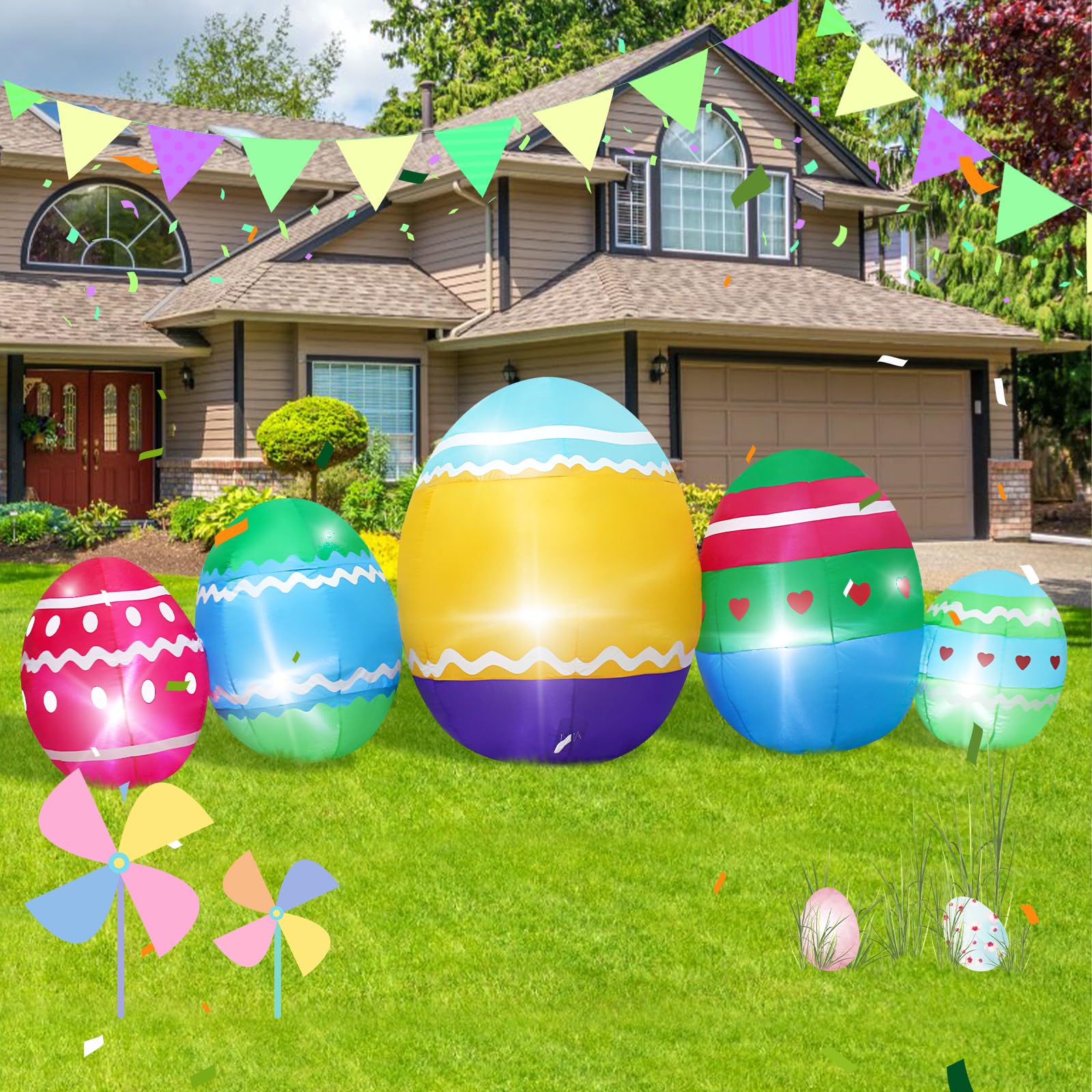 8Ft Long LED Inflatable Easter Eggs - Colorful Holiday Decorations for Indoor & Outdoor Party, Lawn, Yard - Fun Easter Blow Up Decor for Festive Celebrations
