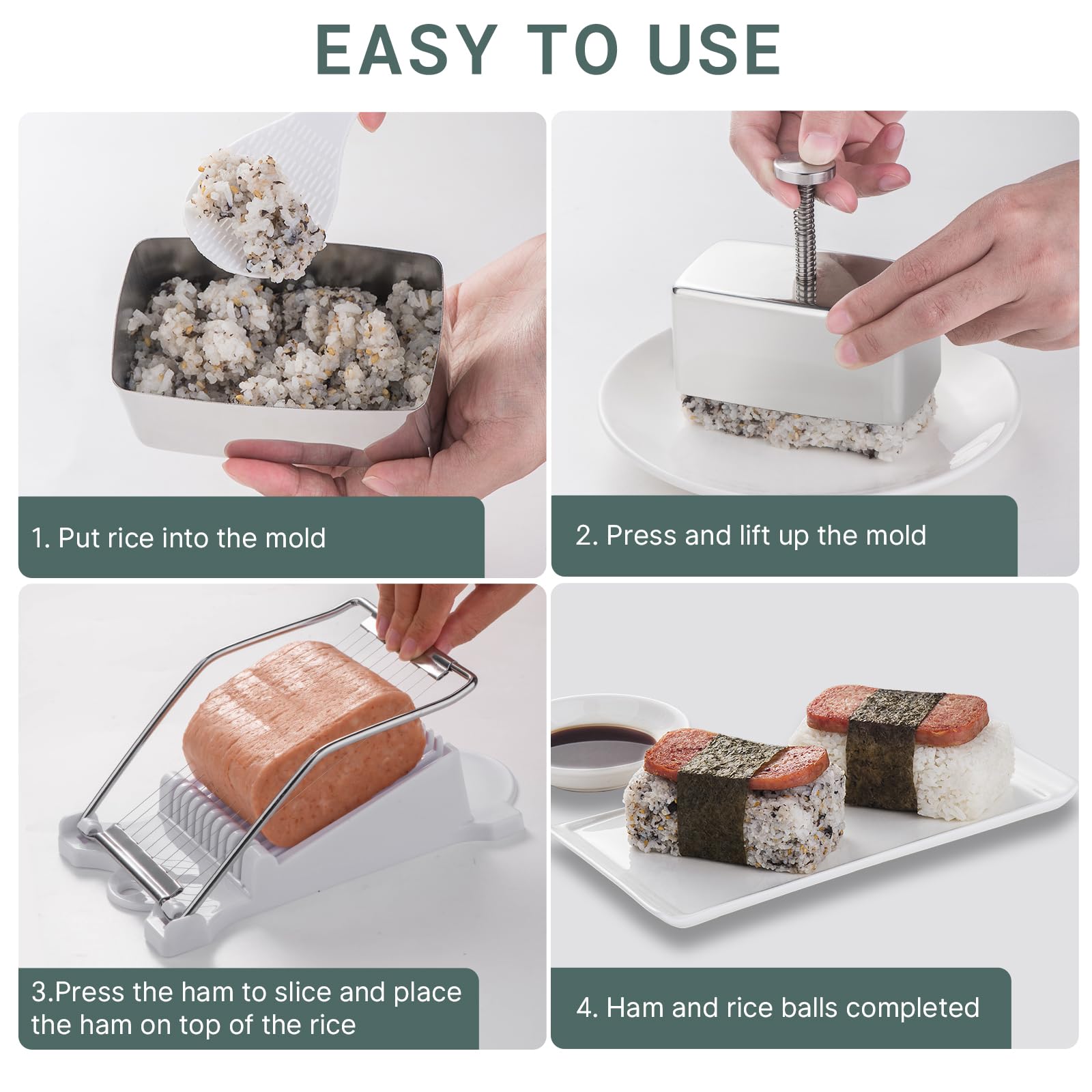 Premium Spam Musubi Mold Kit - Stainless Steel Onigiri Maker with Spam Slicer - Perfect for Hawaiian Sushi, Bento Box & Party Snacks - Great for Home Cooking, Picnics & Asian Cuisine Lovers