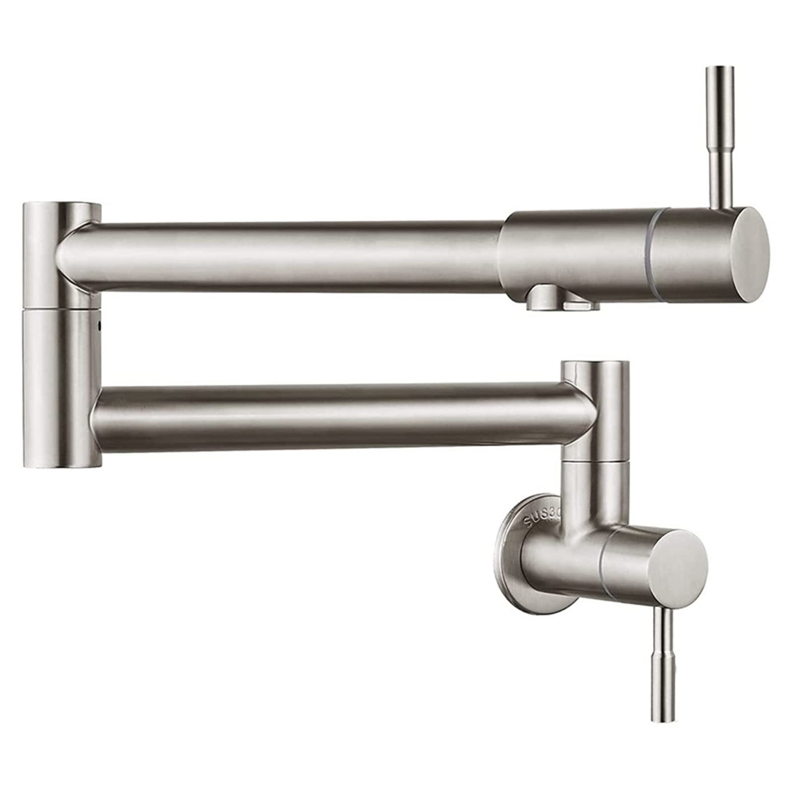 Commercial Stainless Steel Wall Mount Pot Filler Folding Faucet - Brushed Nickel Single Cold Water Kitchen Sink Faucet with Double Joint Swing Arm & Two Handles - Perfect for Restaurants, Food Trucks, and Home Kitchens