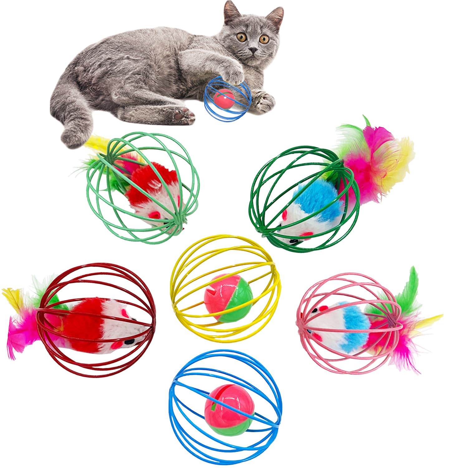 6 Pack Interactive Cat Toys with Metal Cage Balls, Mice & Bells - Fun Exercise Toys for Indoor Cats & Kittens - Promotes Physical Activity & Playtime (Perfect for Playtime, Training & Bonding with Your Feline Friend)
