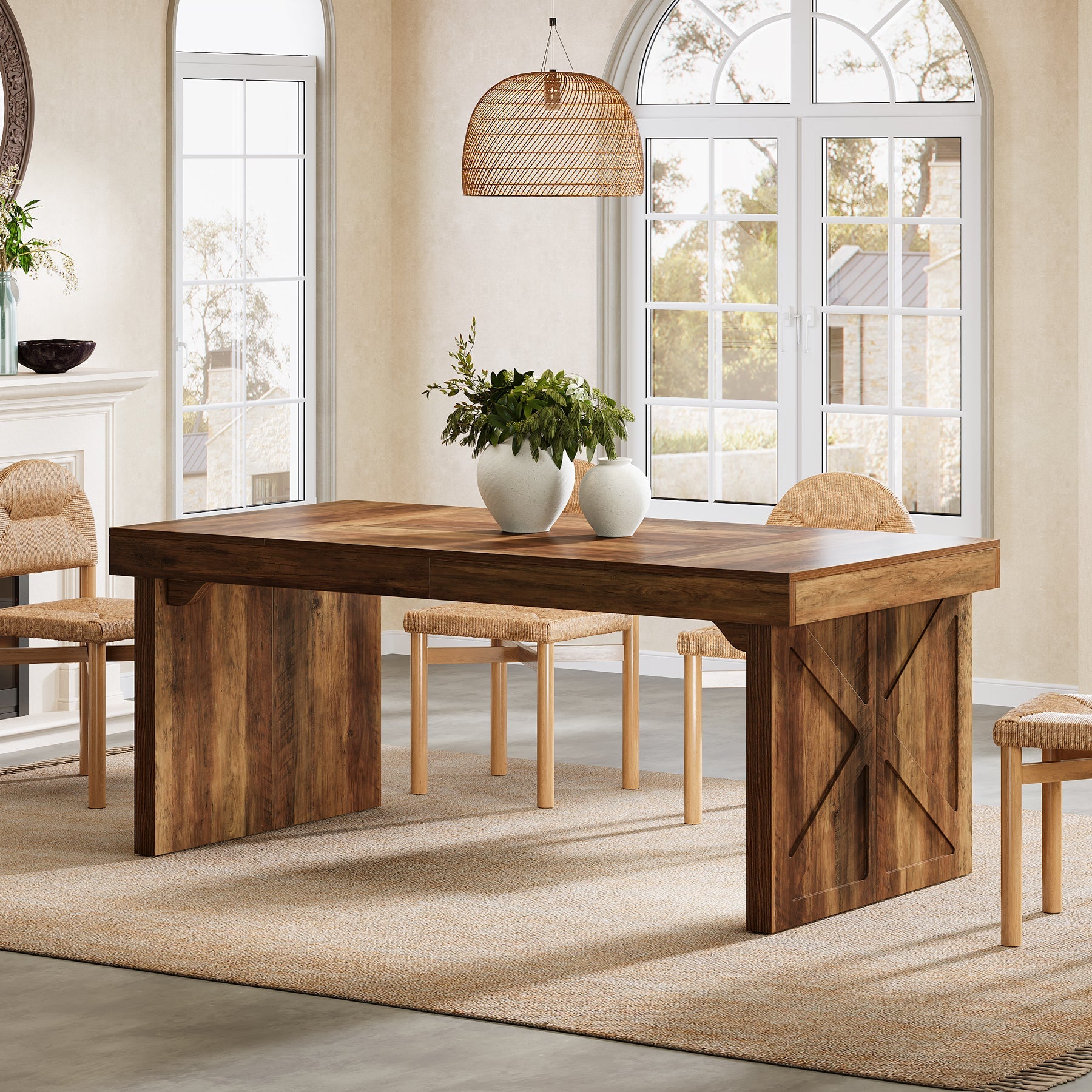 Rustic Wood Dining Table - 63 Inch Rectangular Kitchen Table for Farmhouse, Dining Room & Family Gatherings